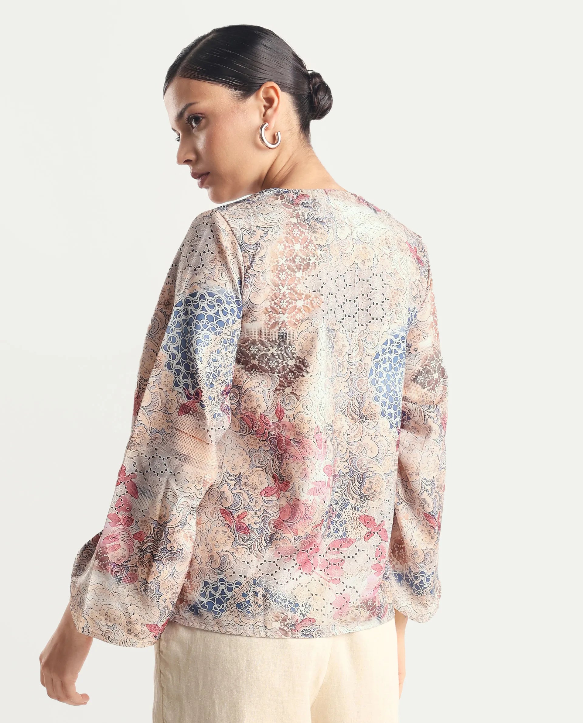 Rareism Women's Ciko Light Multi Satin Round Neck Abstract Print Volume Sleeve Regular Fit Top