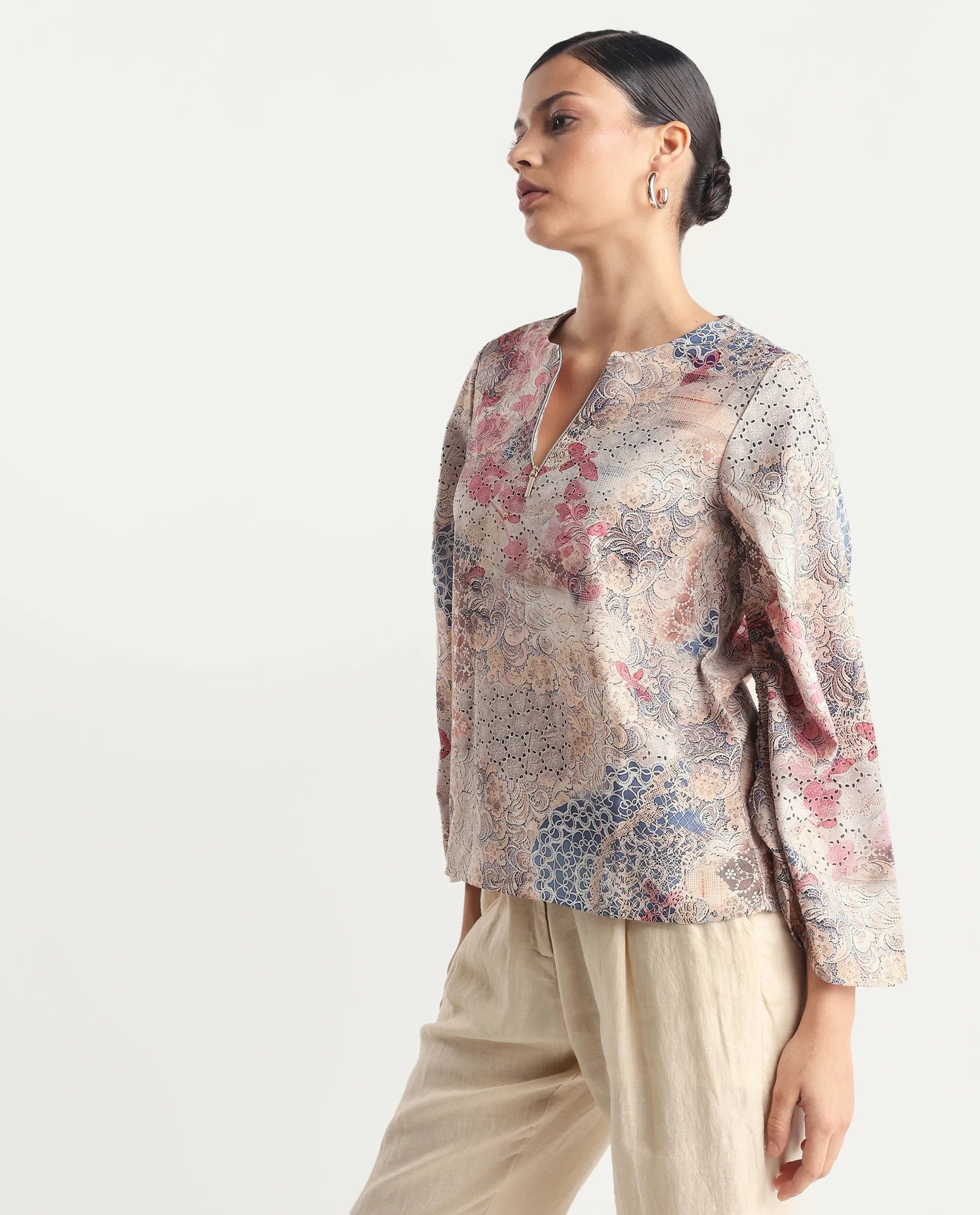 Rareism Women's Ciko Light Multi Satin Round Neck Abstract Print Volume Sleeve Regular Fit Top