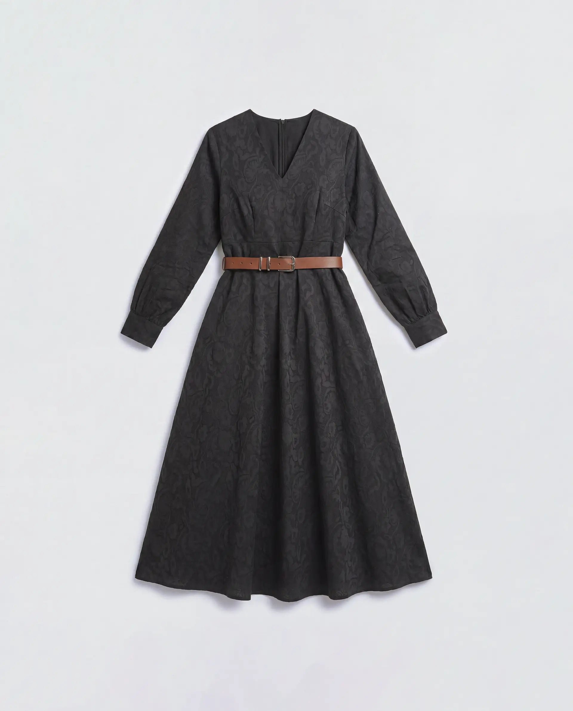 Rareism Women's Cinda Black Cotton Full Sleeve Flared Jacquard Dress