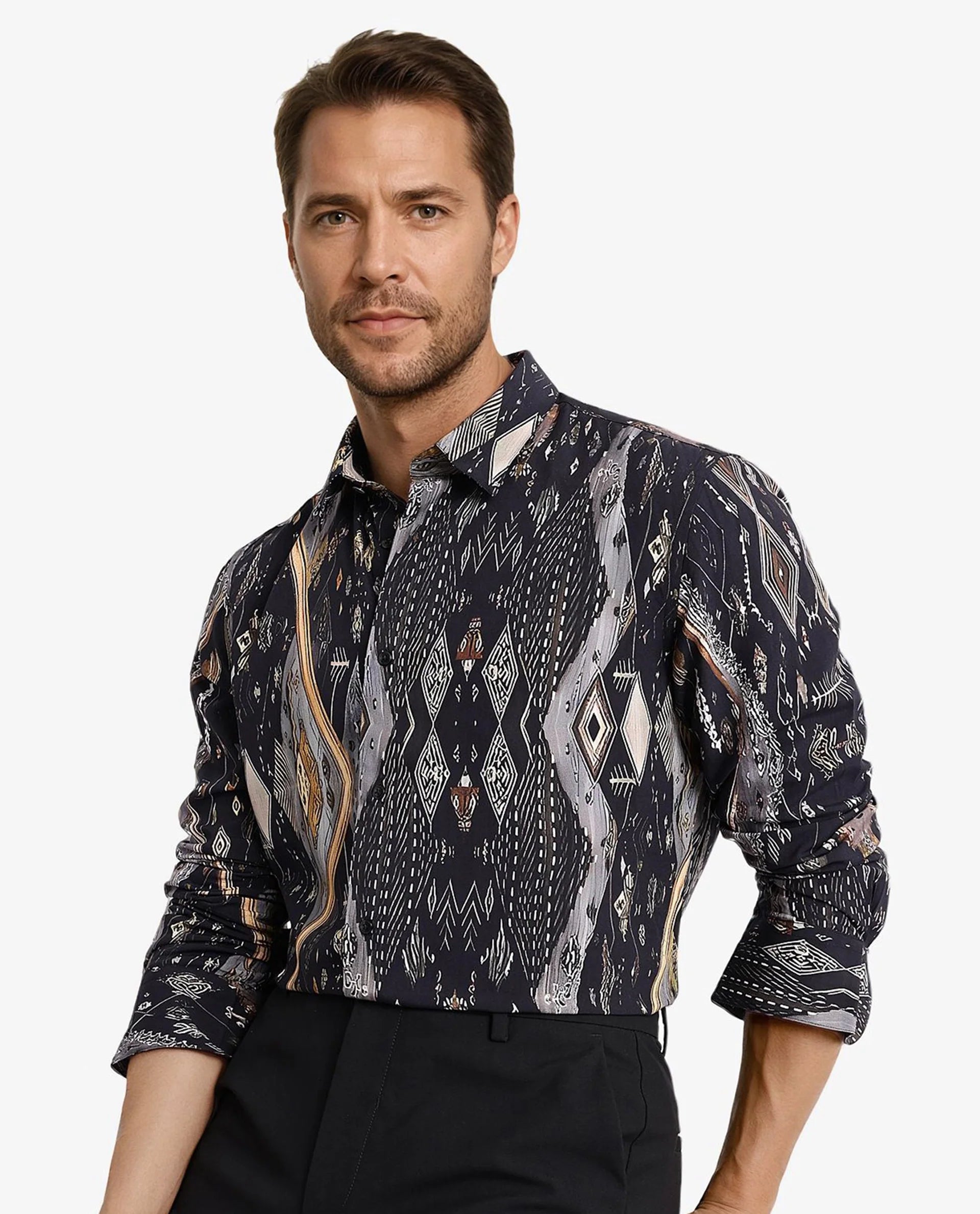 Rare Rabbit Men Ciphor Black Full Sleeve Regular Fit Decorative Print Shirt