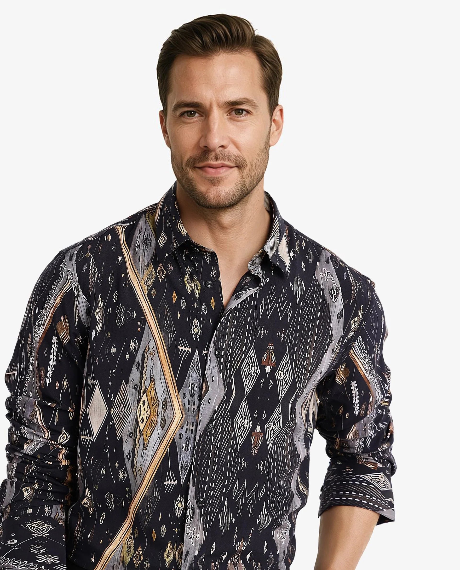 Rare Rabbit Men Ciphor Black Full Sleeve Regular Fit Decorative Print Shirt