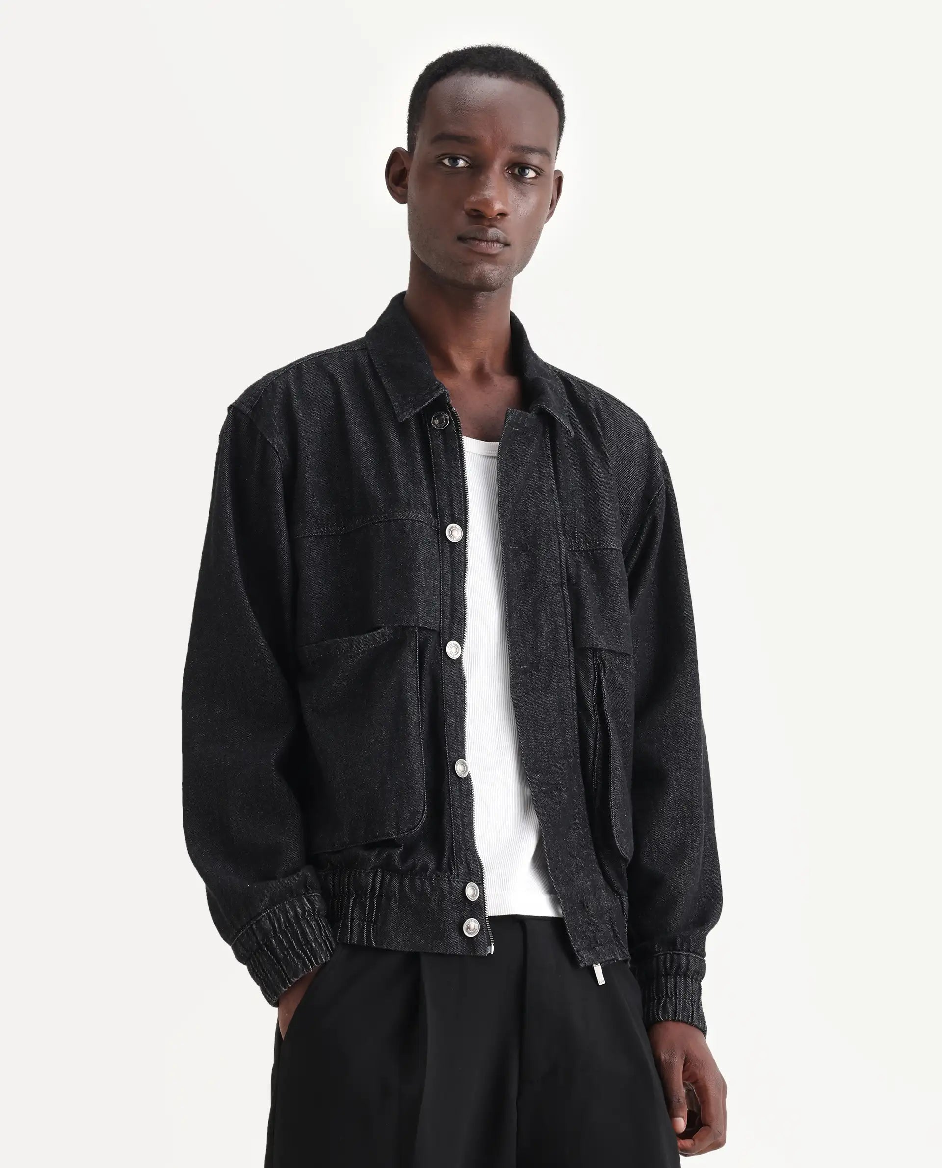 Rare Rabbit Men's Circe Black Cotton Plain Oversized Fit Full Sleeve Spread Collar Jacket