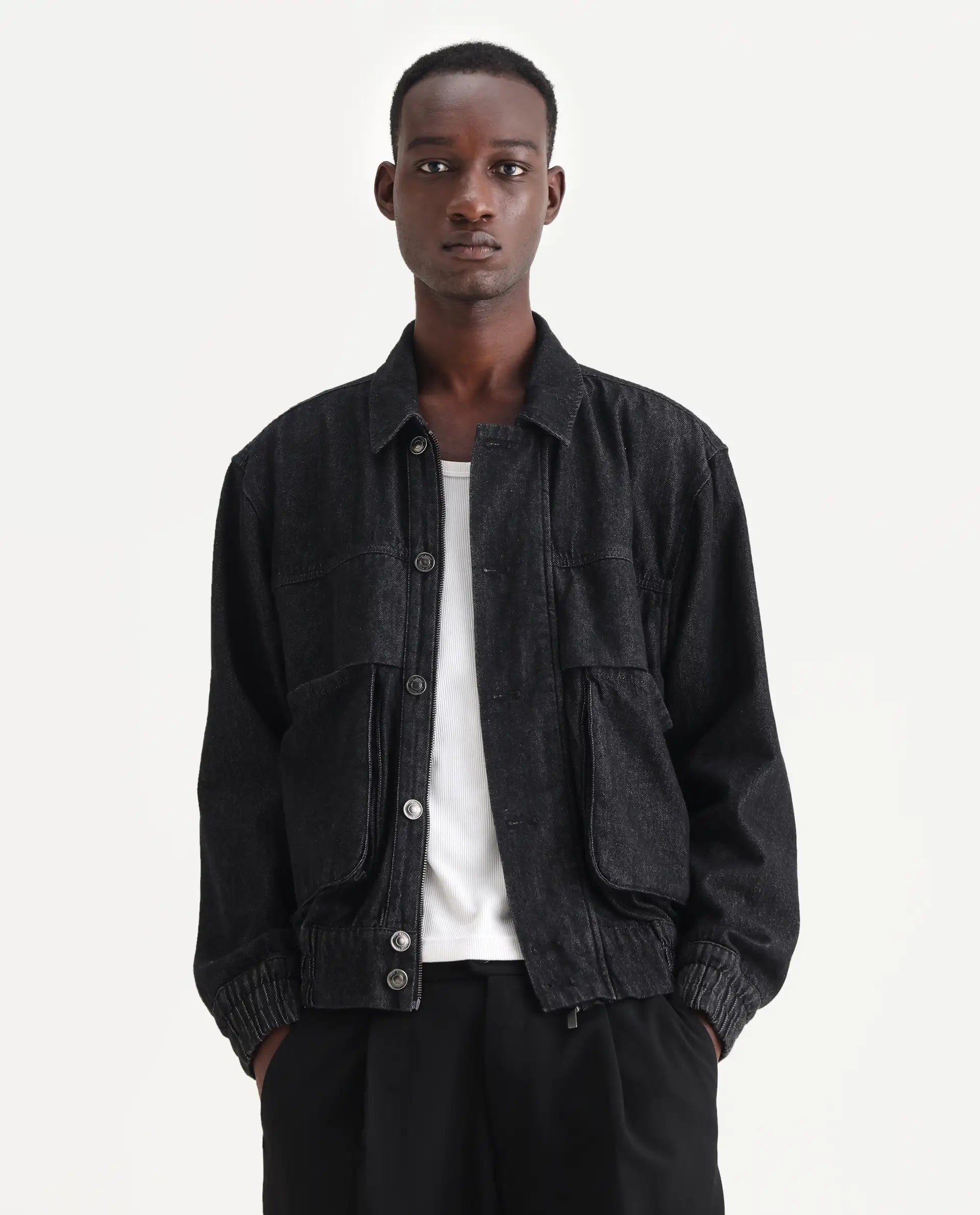 Rare Rabbit Men's Circe Black Cotton Plain Oversized Fit Full Sleeve Spread Collar Jacket