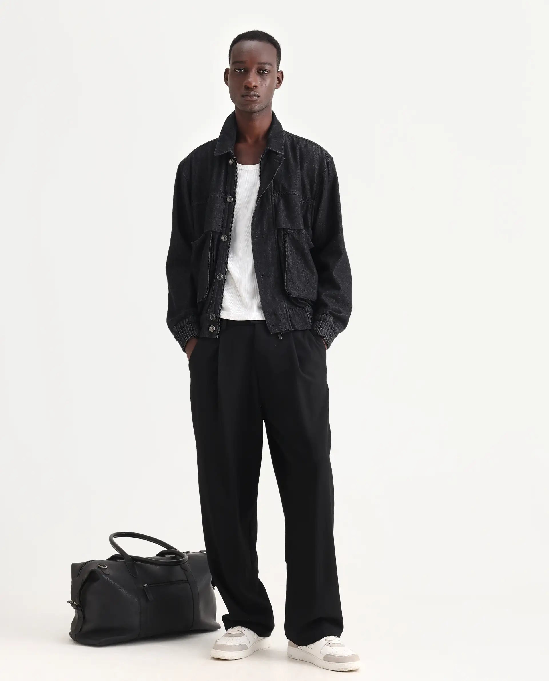 Rare Rabbit Men's Circe Black Cotton Plain Oversized Fit Full Sleeve Spread Collar Jacket