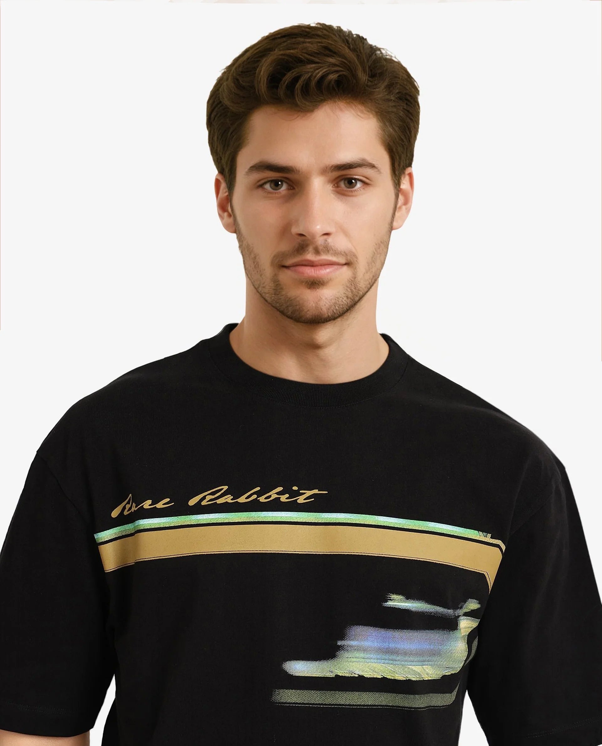 Rare Rabbit Men Cius Black Cotton Fabric Short Sleeve Crew Neck Oversized Fit Graphic Print T-Shirt
