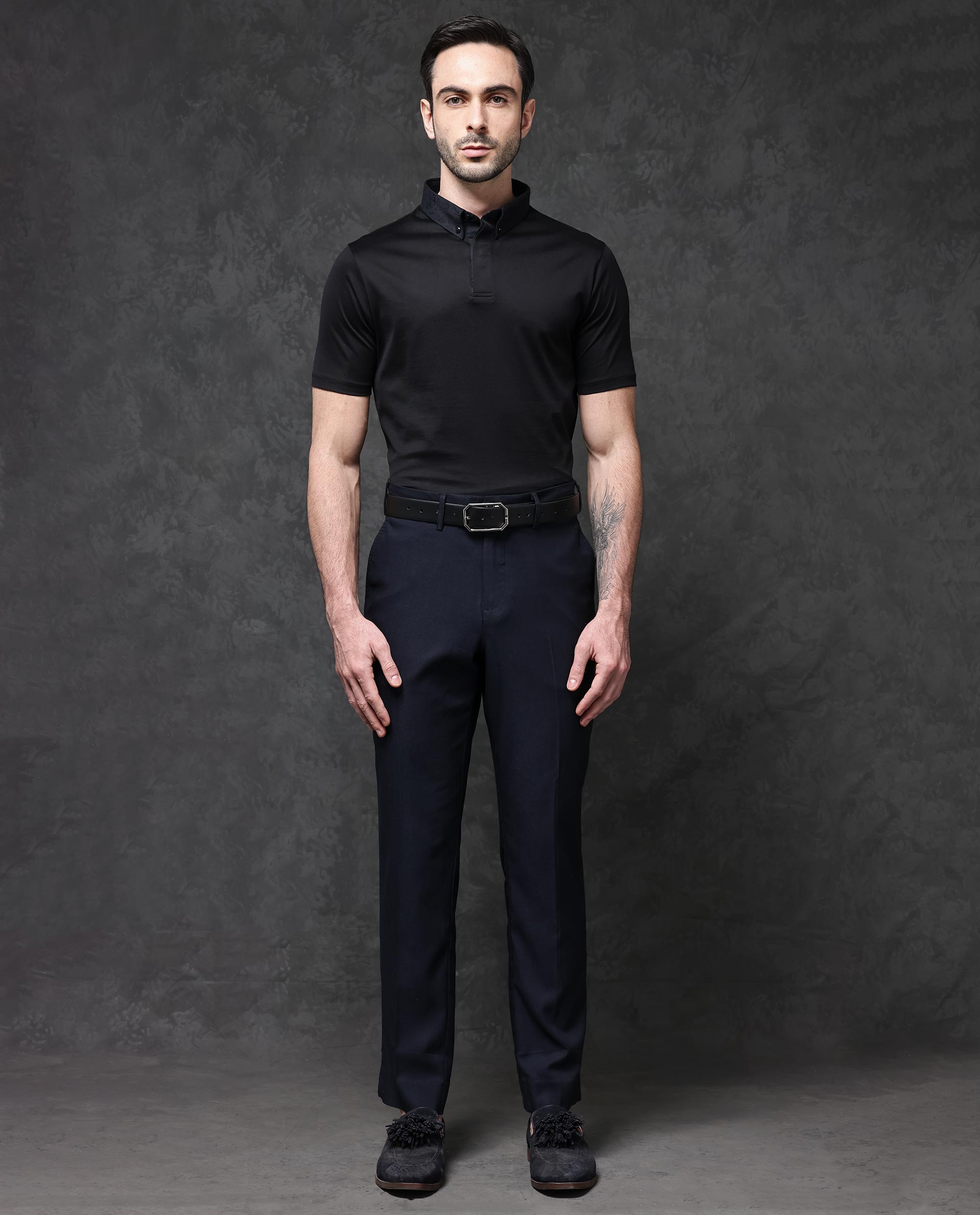 Rare Rabbit Men's Clarance Black Cotton Fabric Half Sleeves Solid Polo T-Shirt