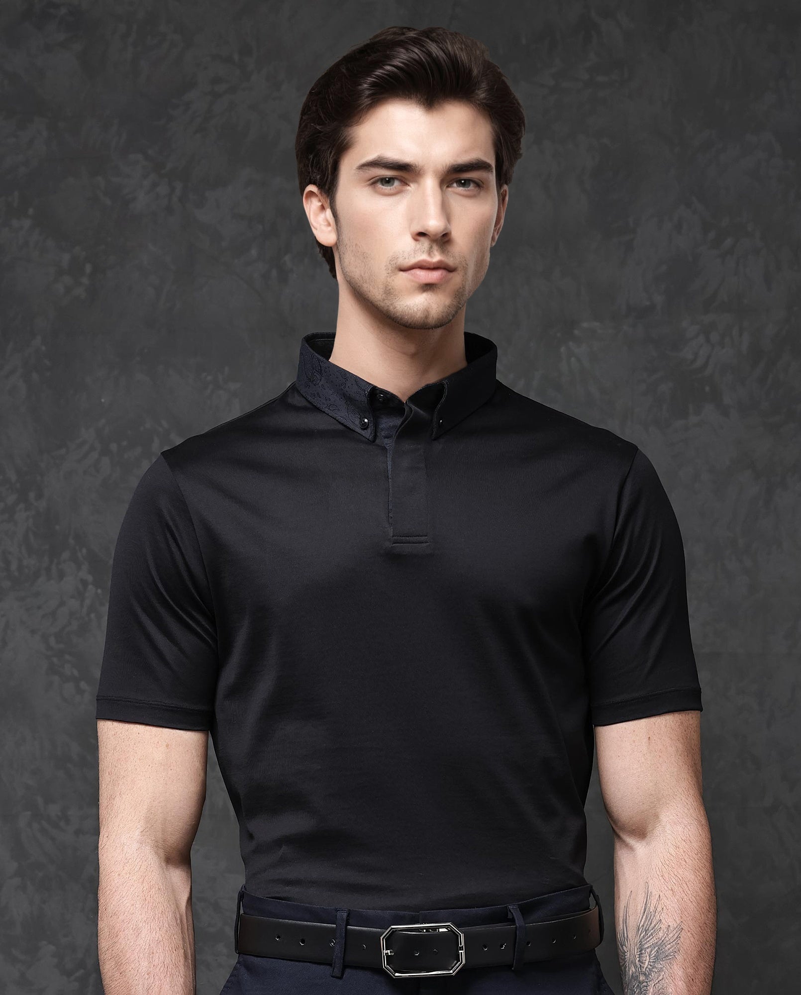 Rare Rabbit Men's Clarance Black Cotton Fabric Half Sleeves Solid Polo T-Shirt