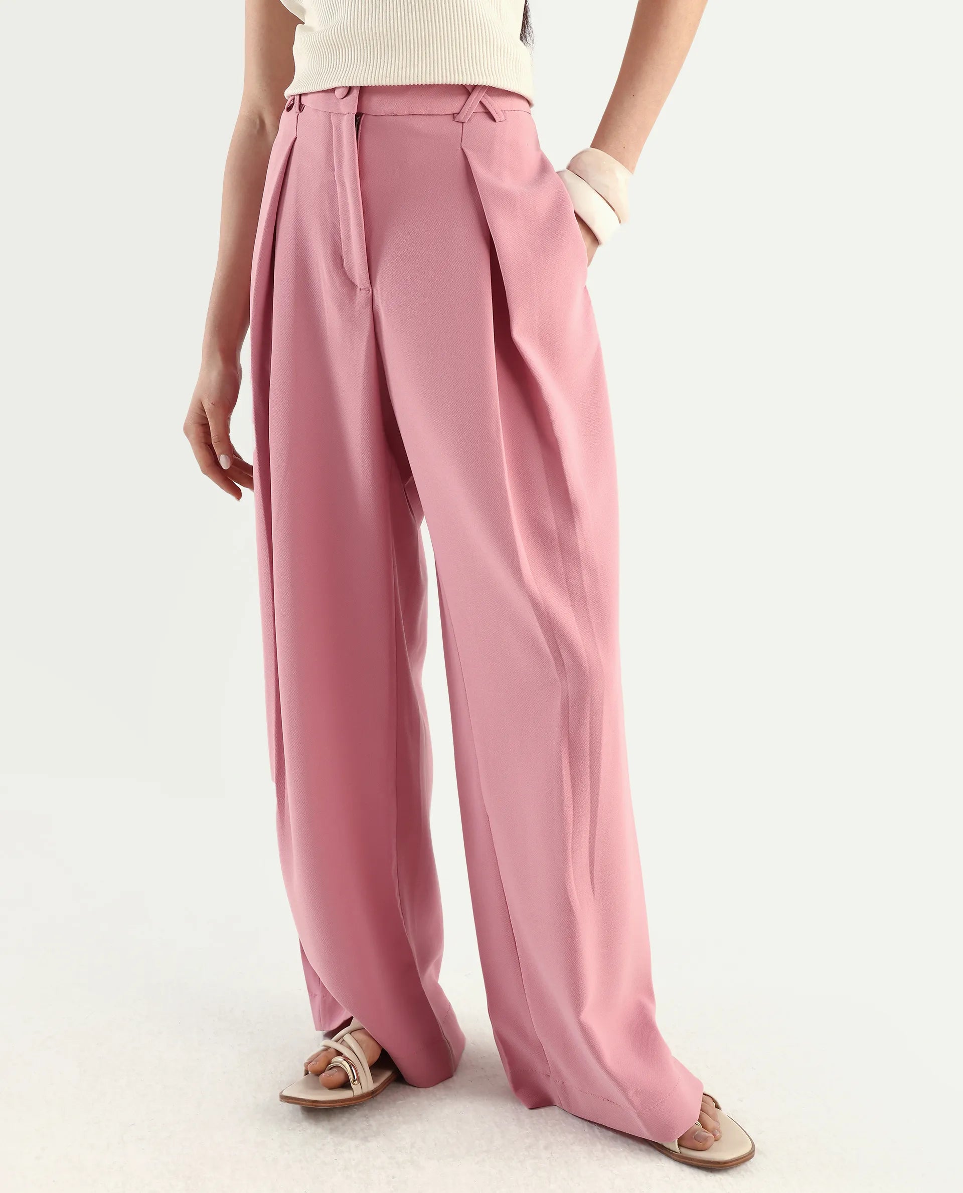 Rareism Women's Pink Poly Lycra Plain Ankle Length Wide Trouser