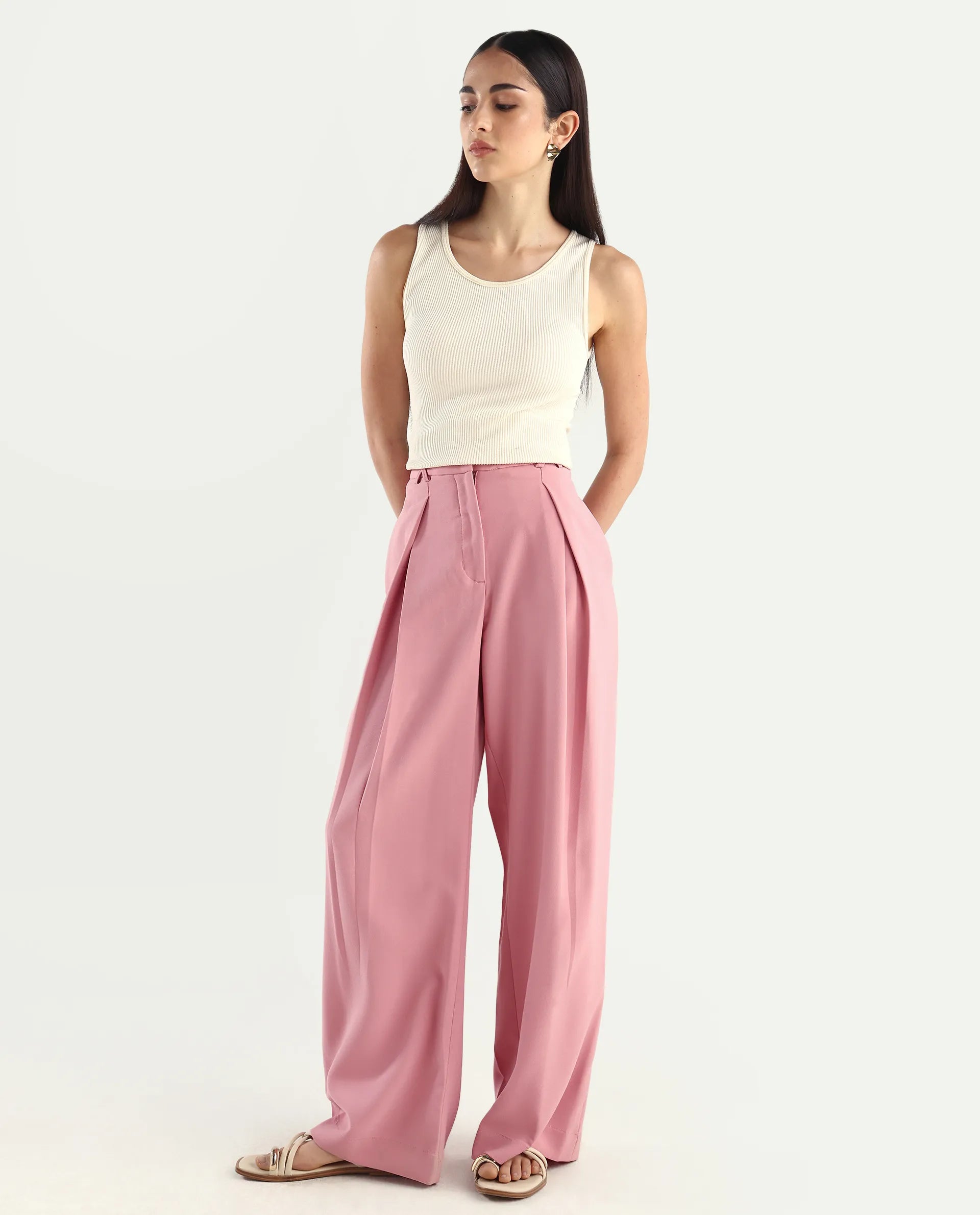 Rareism Women's Pink Poly Lycra Plain Ankle Length Wide Trouser