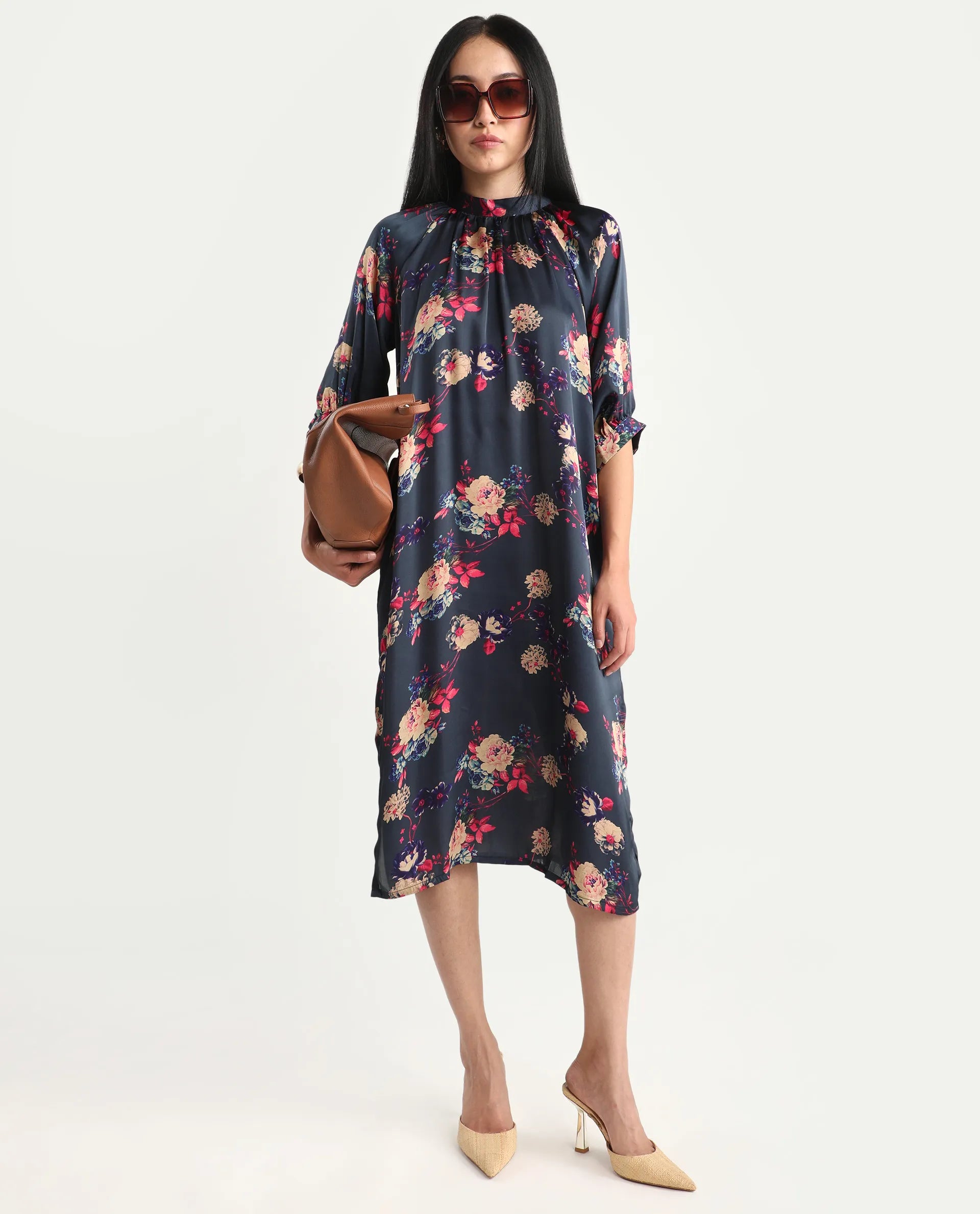 Rareism Women's Clem Navy Polyester High Neck Floral Print Volume Sleeve Knee Length Relaxed Fit Dress
