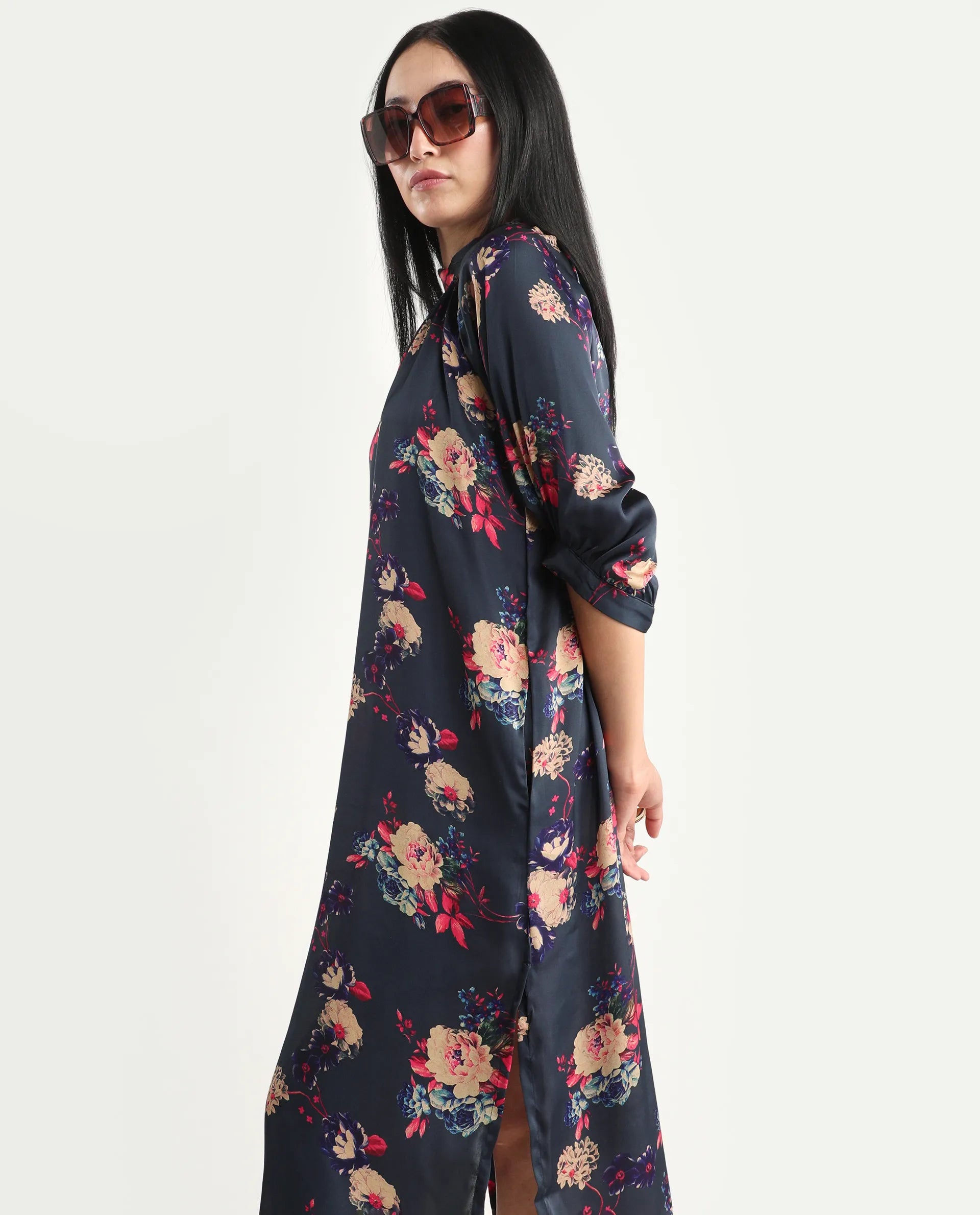 Rareism Women's Clem Navy Polyester High Neck Floral Print Volume Sleeve Knee Length Relaxed Fit Dress