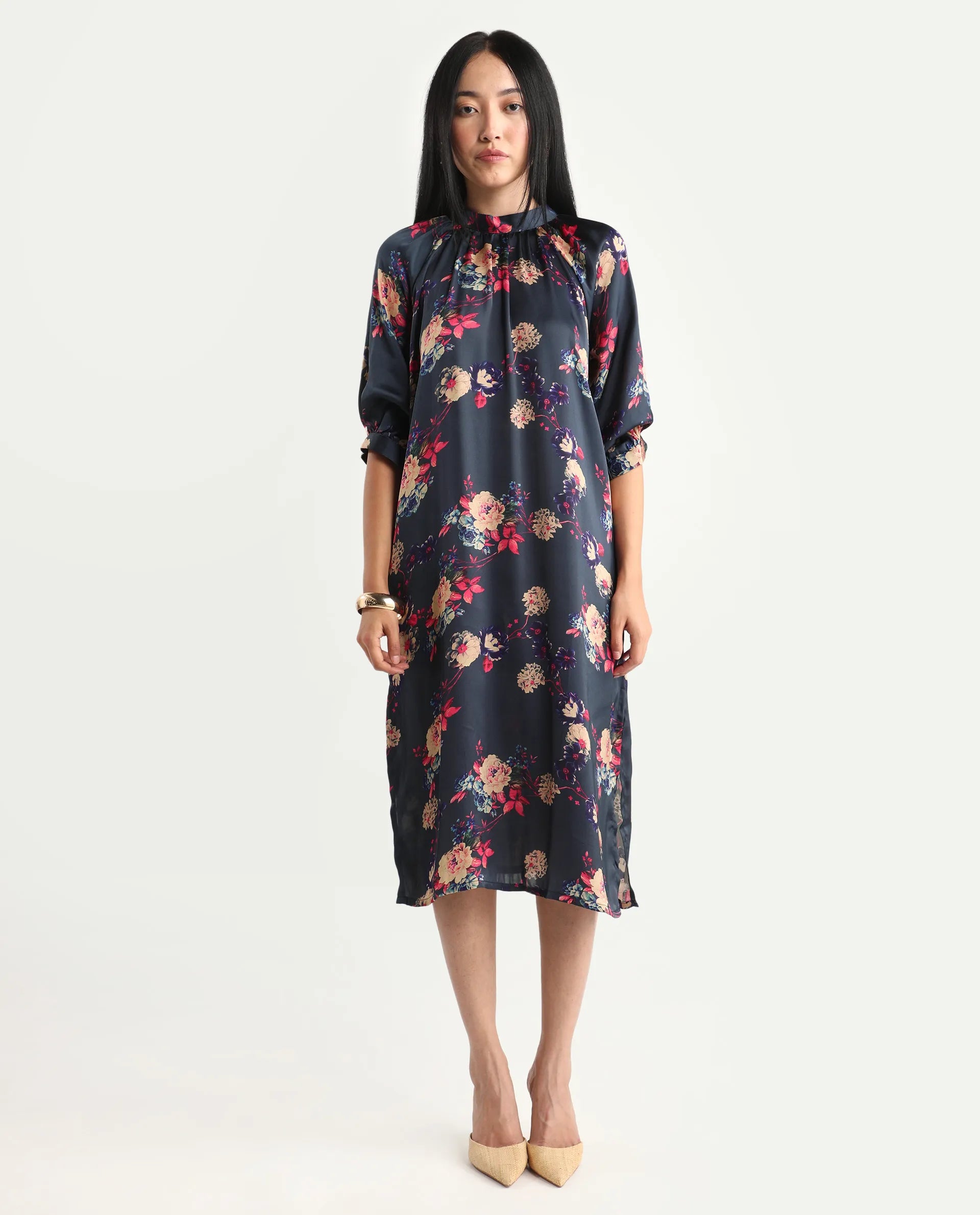 Rareism Women's Clem Navy Polyester High Neck Floral Print Volume Sleeve Knee Length Relaxed Fit Dress