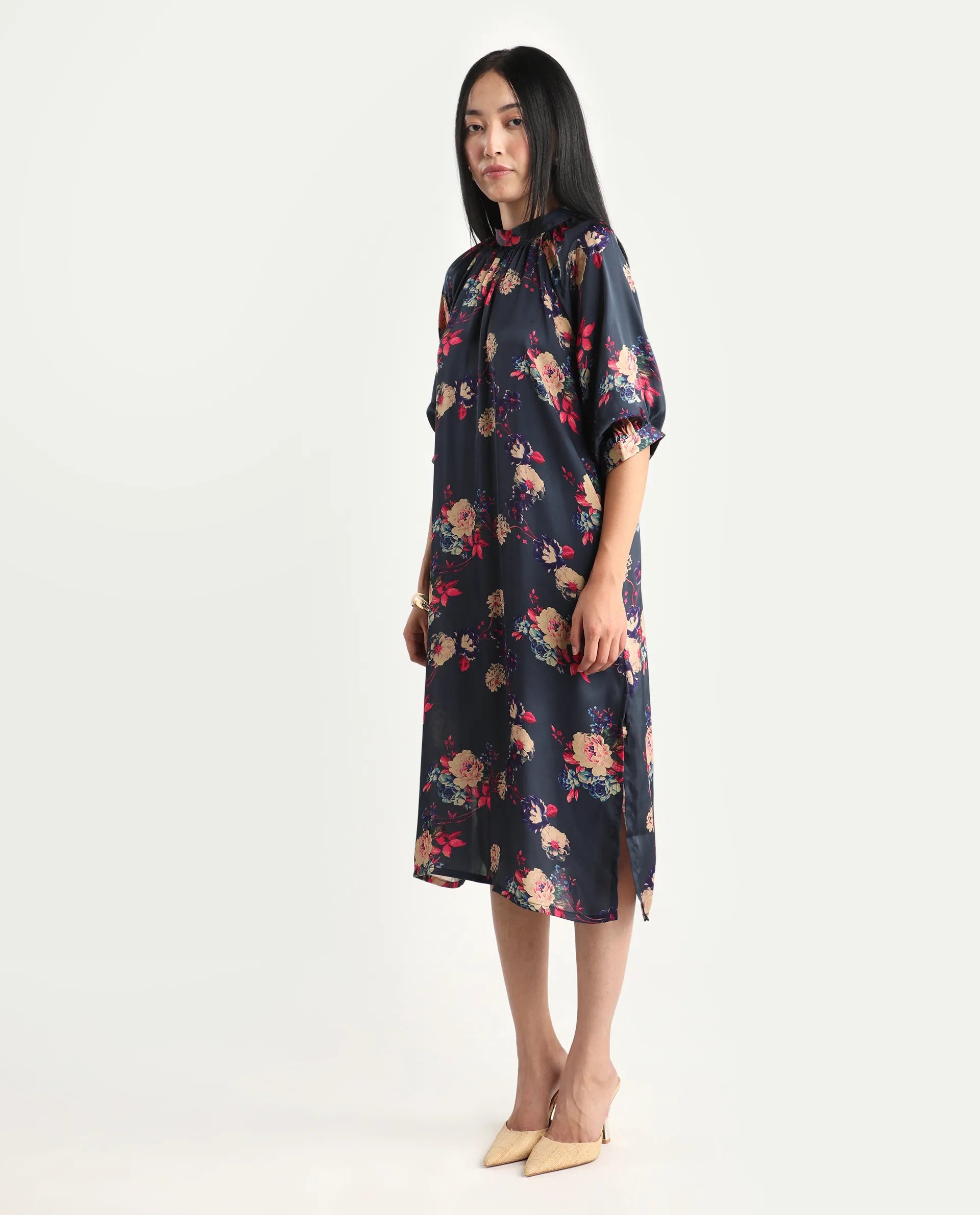 Rareism Women's Clem Navy Polyester High Neck Floral Print Volume Sleeve Knee Length Relaxed Fit Dress