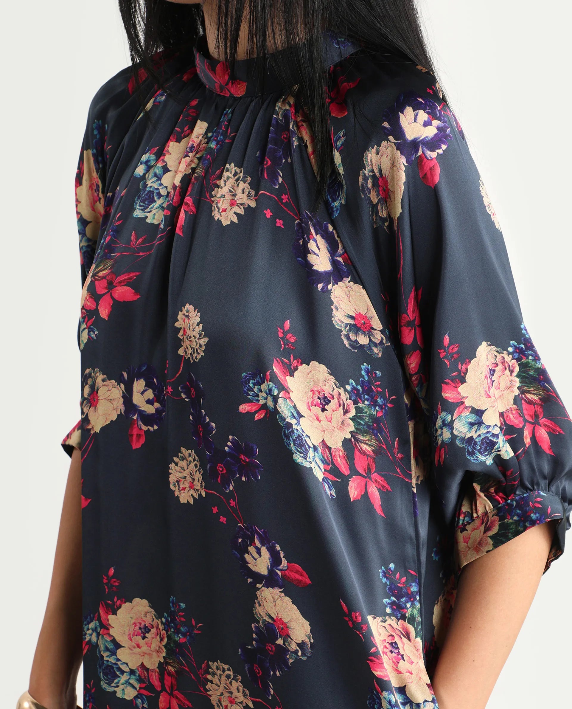 Rareism Women's Clem Navy Polyester High Neck Floral Print Volume Sleeve Knee Length Relaxed Fit Dress