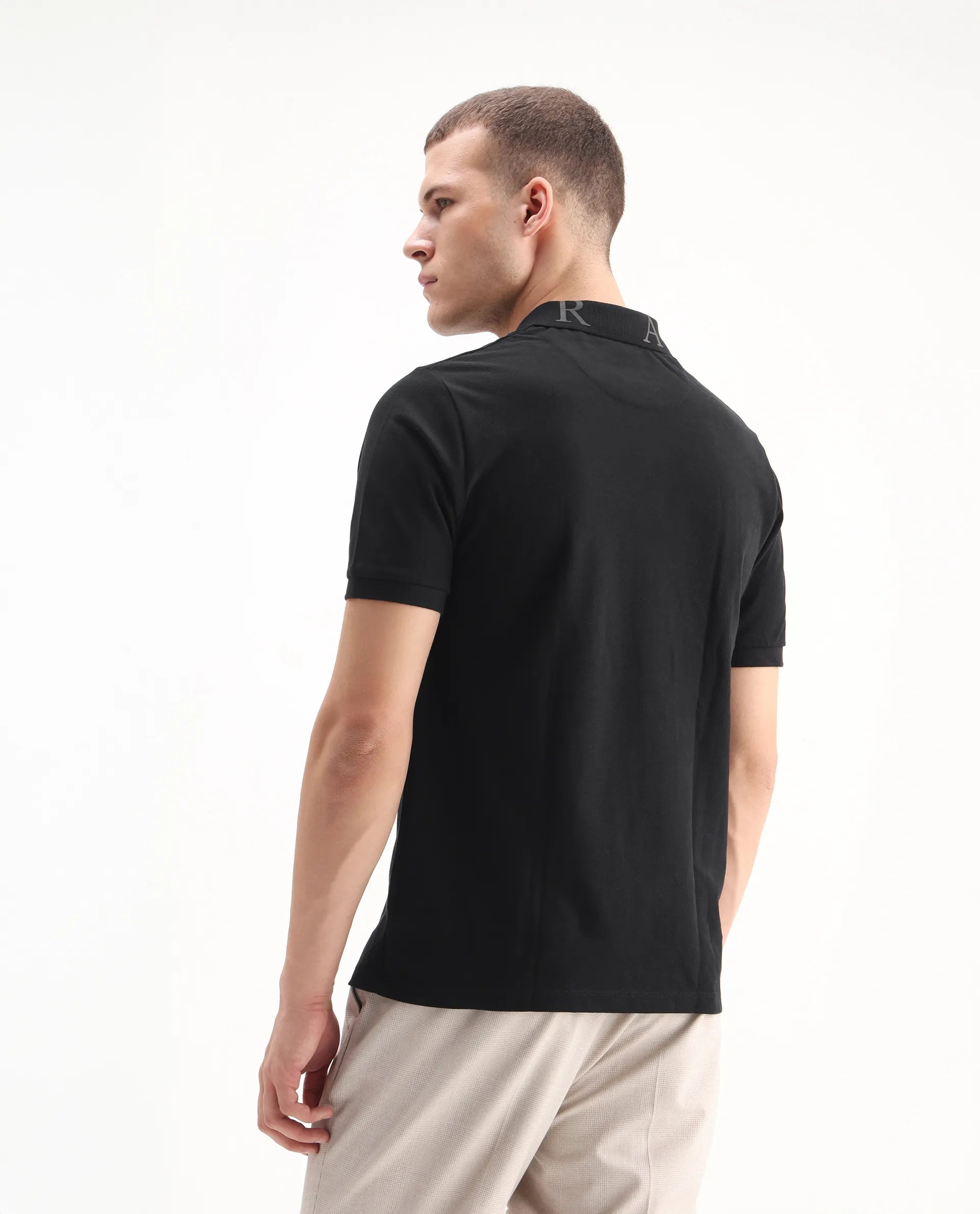 Rare Rabbit Men's Clif Black Cotton Plain Regular Fit Half Sleeve Polo