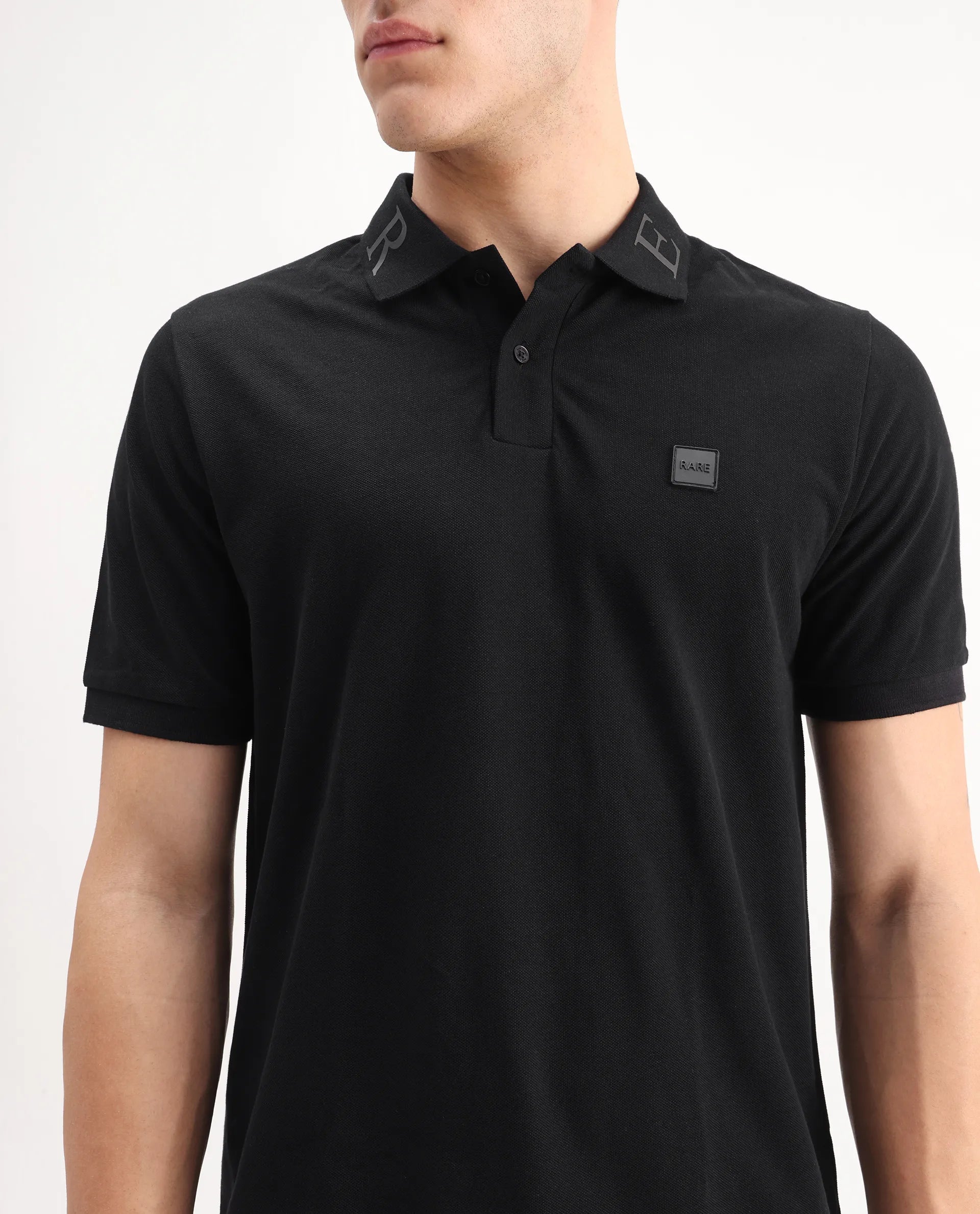 Rare Rabbit Men's Clif Black Cotton Plain Regular Fit Half Sleeve Polo