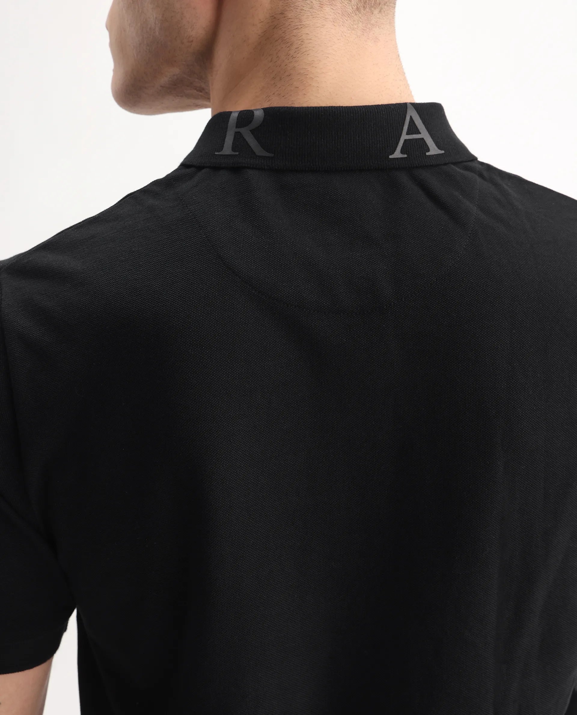 Rare Rabbit Men's Clif Black Cotton Plain Regular Fit Half Sleeve Polo