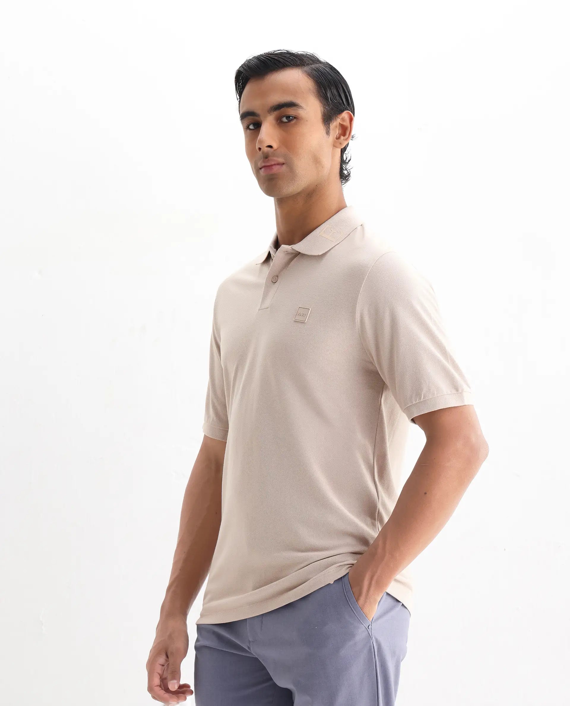 Rare Rabbit Men's Clif Dusky Beige Cotton Plain Regular Fit Half Sleeve Polo