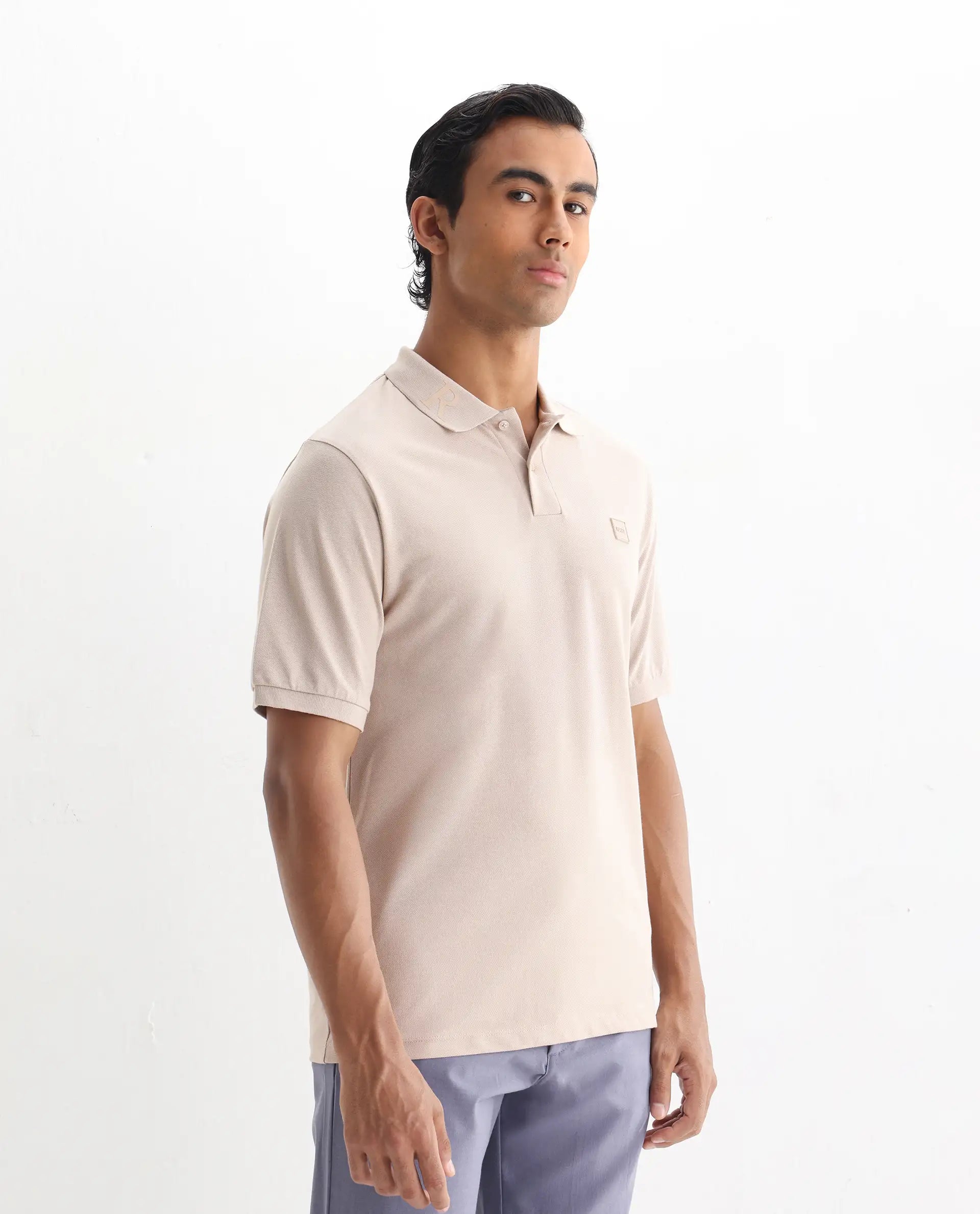 Rare Rabbit Men's Clif Dusky Beige Cotton Plain Regular Fit Half Sleeve Polo