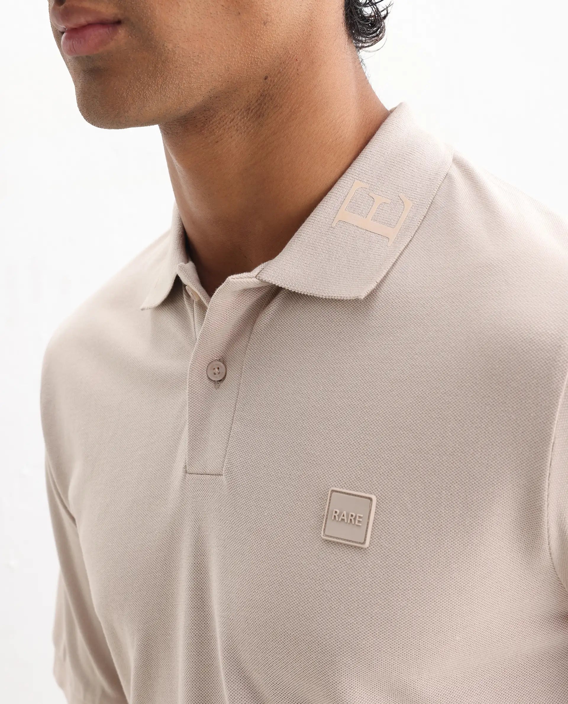 Rare Rabbit Men's Clif Dusky Beige Cotton Plain Regular Fit Half Sleeve Polo