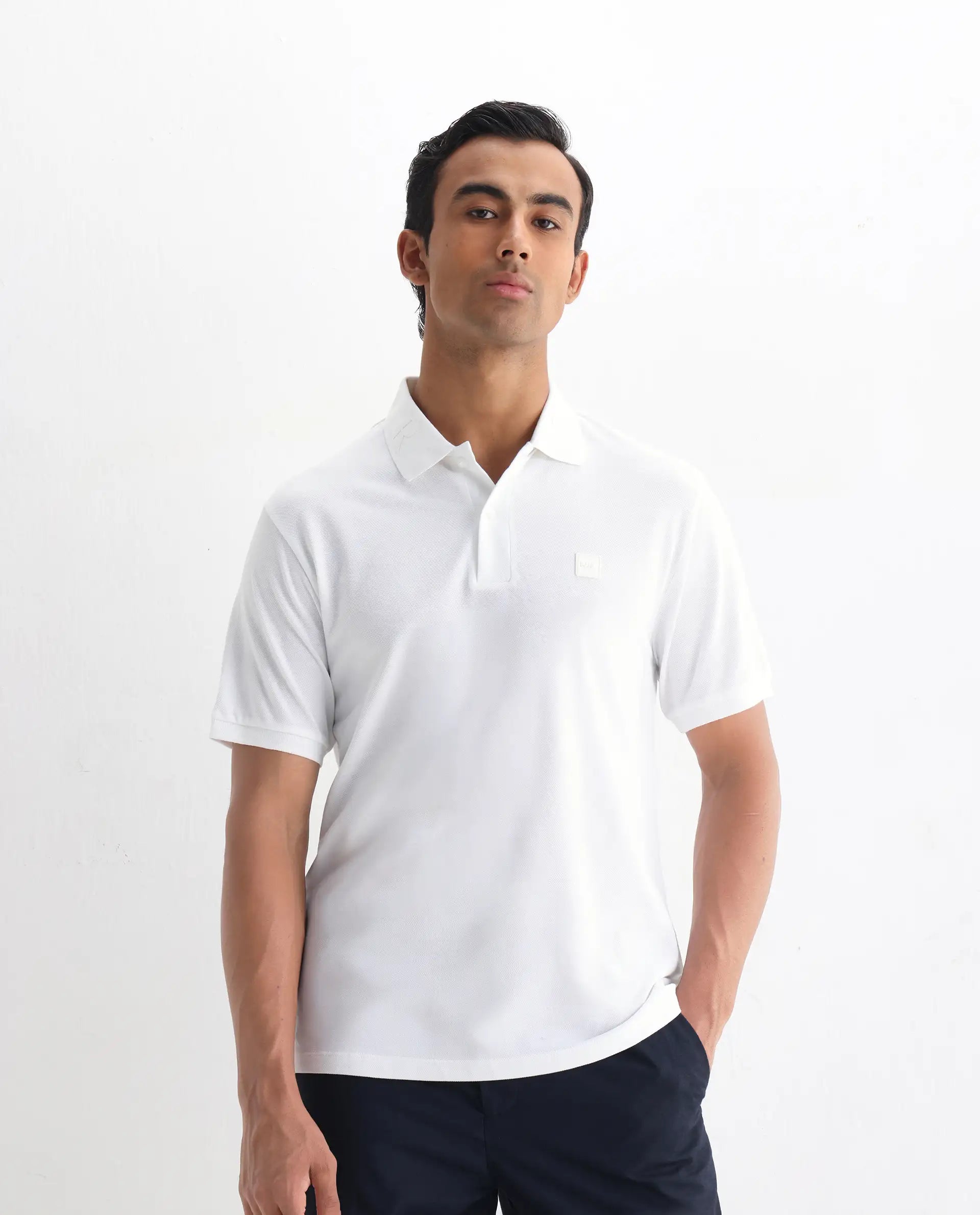 Rare Rabbit Men's Clif White Cotton Plain Regular Fit Half Sleeve Polo