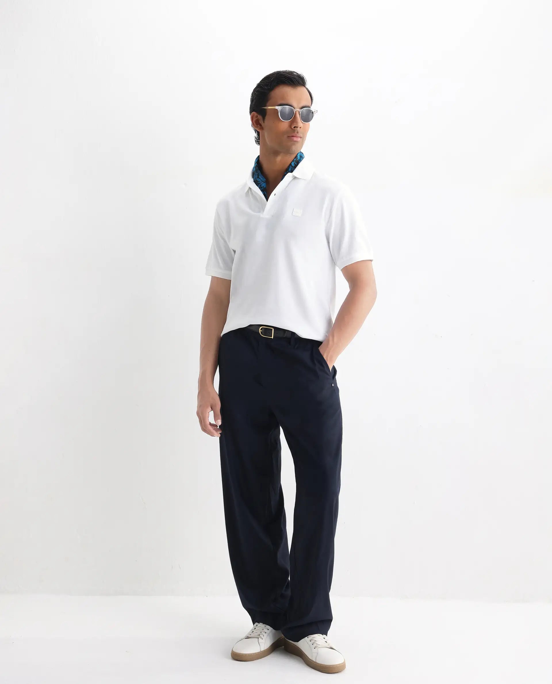 Rare Rabbit Men's Clif White Cotton Plain Regular Fit Half Sleeve Polo