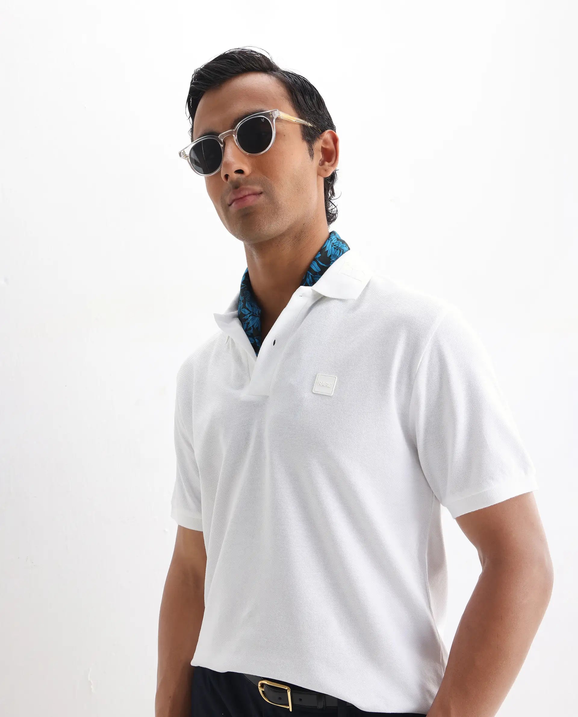 Rare Rabbit Men's Clif White Cotton Plain Regular Fit Half Sleeve Polo