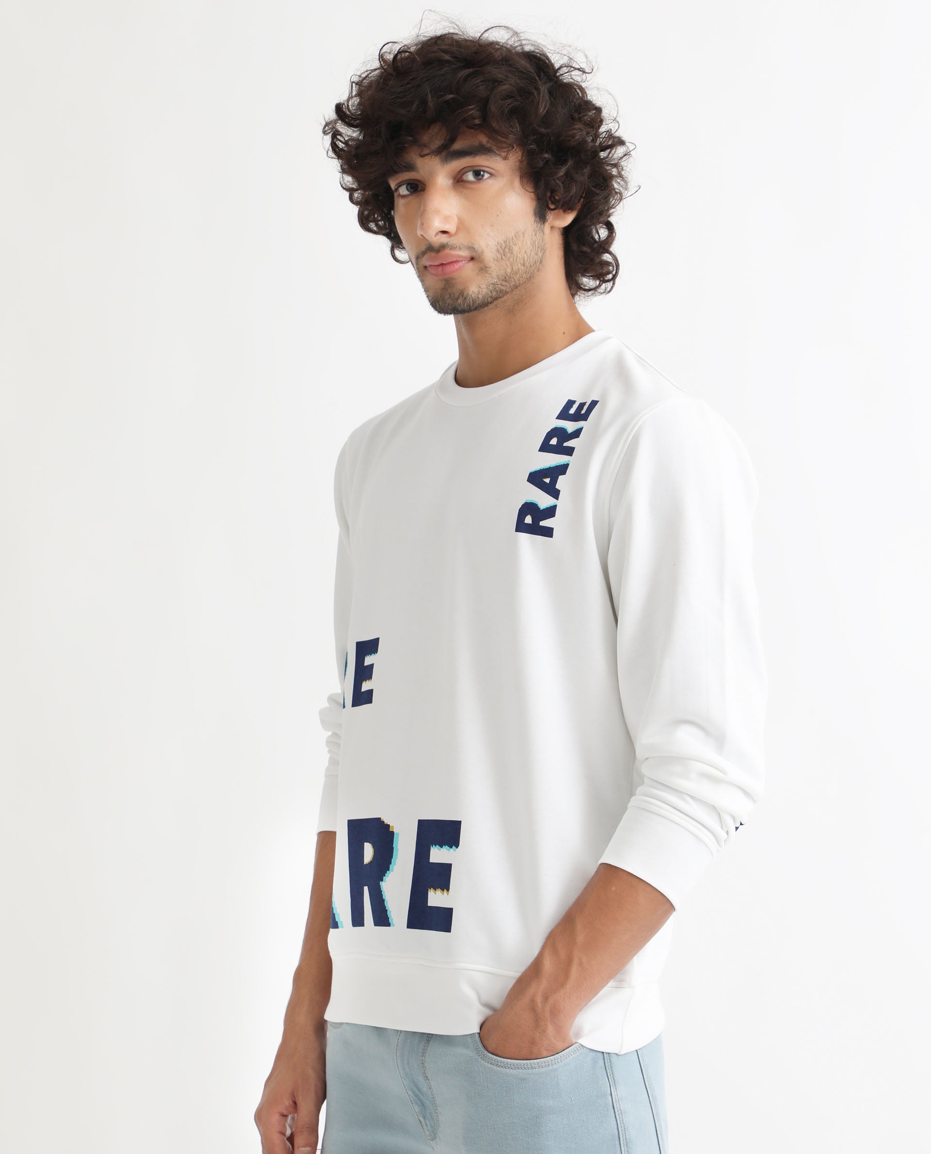 Rare Rabbit Men's Cloviss White Cotton Polyester Fabric Full Sleeves Graphic Statement Print Sweatshirt