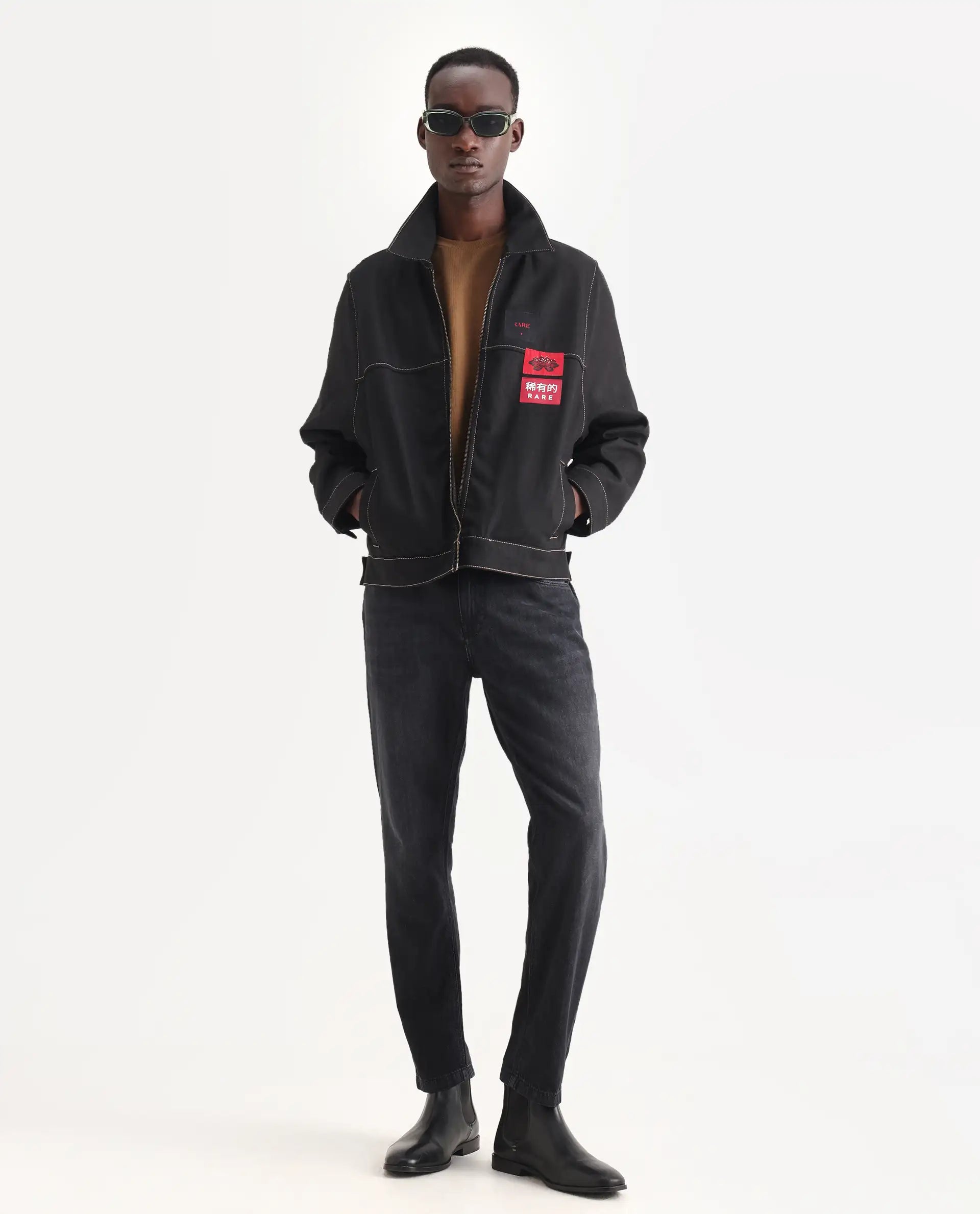 Rare Rabbit Men's Clovix Black Cotton Label Print Regular Fit Full Sleeve Spread Collar Jacket