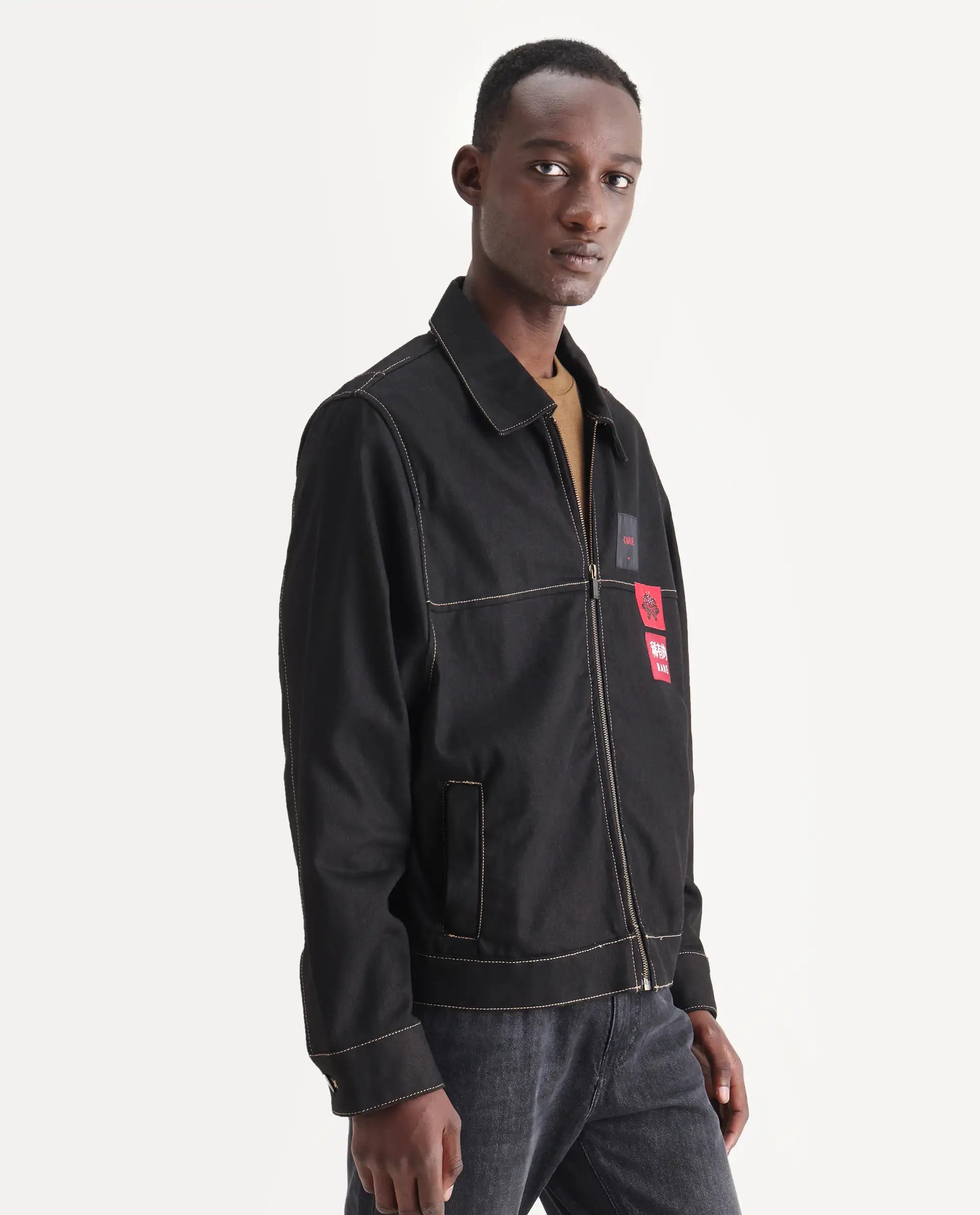 Rare Rabbit Men's Clovix Black Cotton Label Print Regular Fit Full Sleeve Spread Collar Jacket