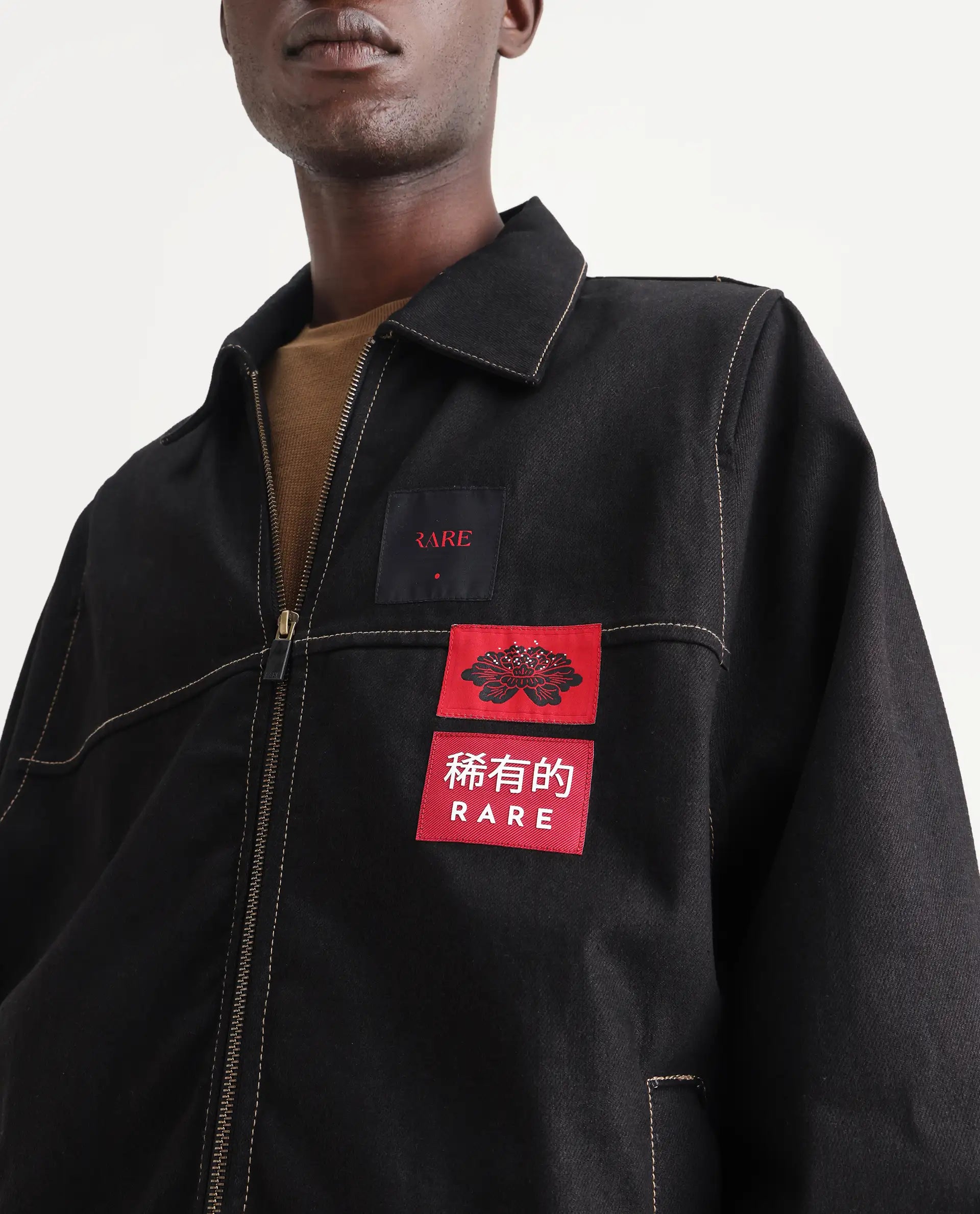 Rare Rabbit Men's Clovix Black Cotton Label Print Regular Fit Full Sleeve Spread Collar Jacket