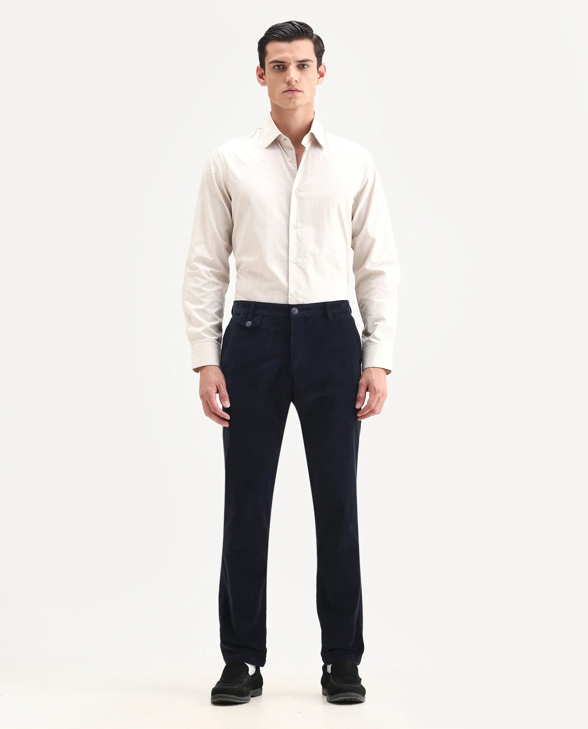 Rare Rabbit Men's Cloy Navy Cotton Plain Regular Fit Trouser