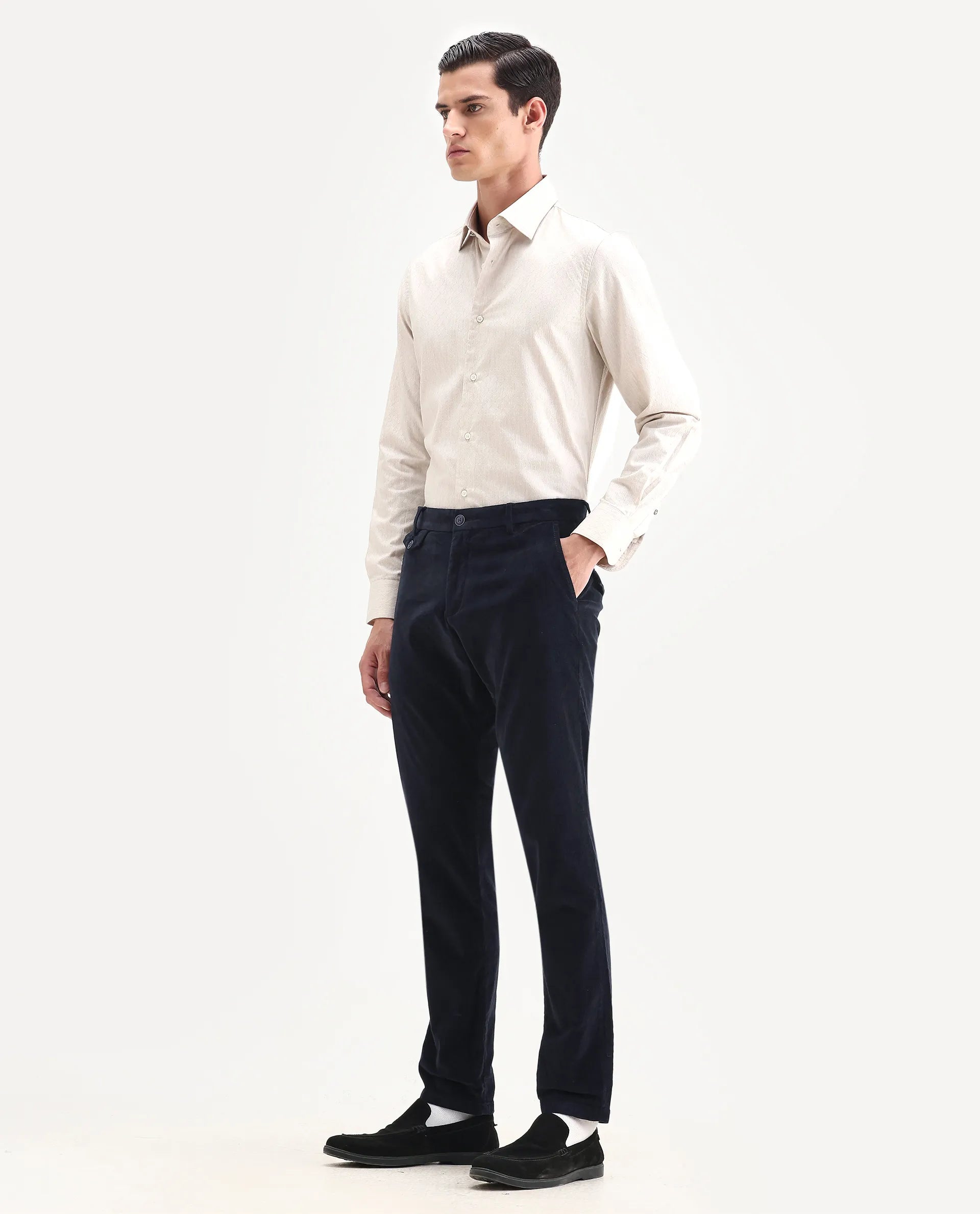 Rare Rabbit Men's Cloy Navy Cotton Plain Regular Fit Trouser