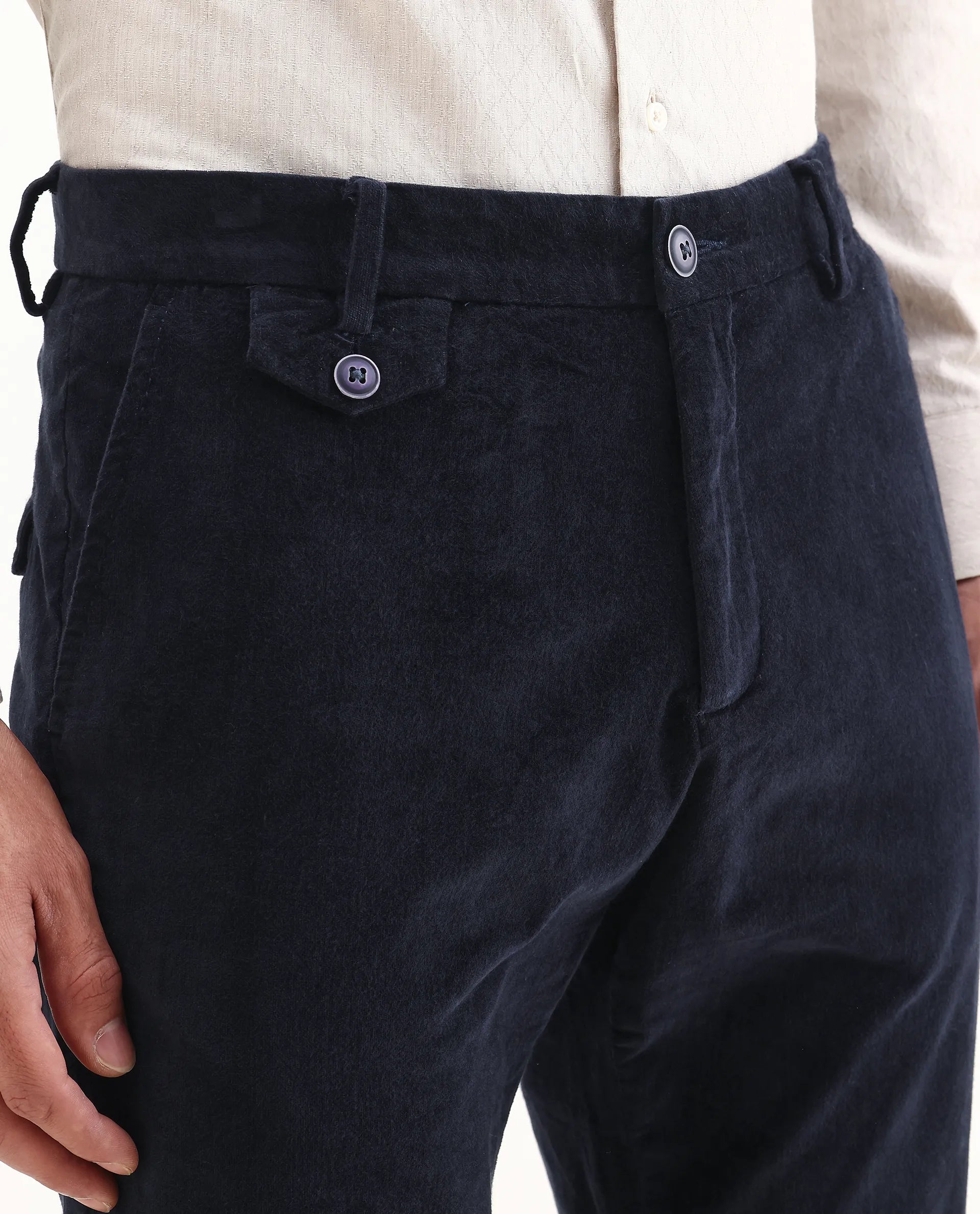 Rare Rabbit Men's Cloy Navy Cotton Plain Regular Fit Trouser
