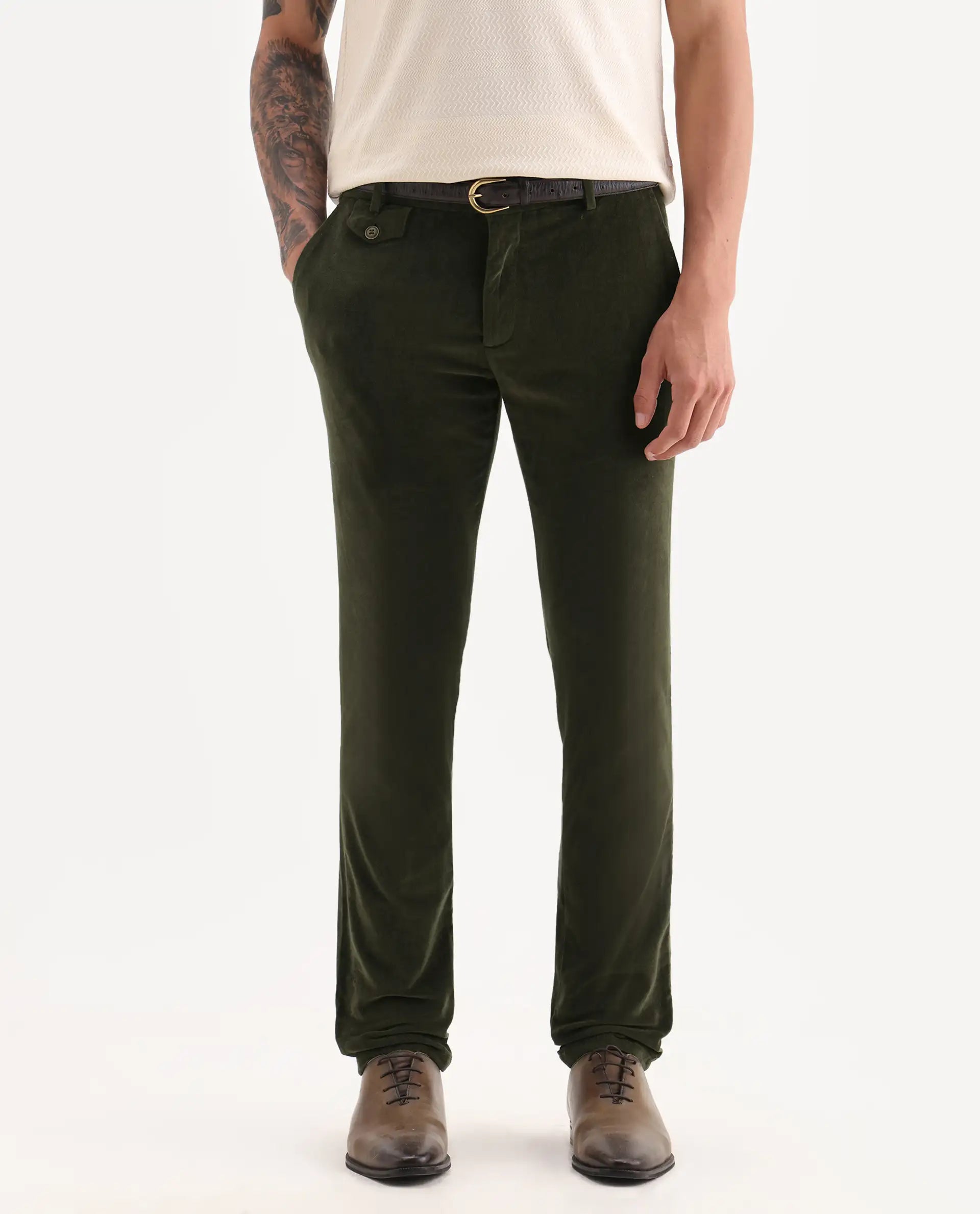 Rare Rabbit Men's Cloy Olive Cotton Plain Regular Fit Trouser