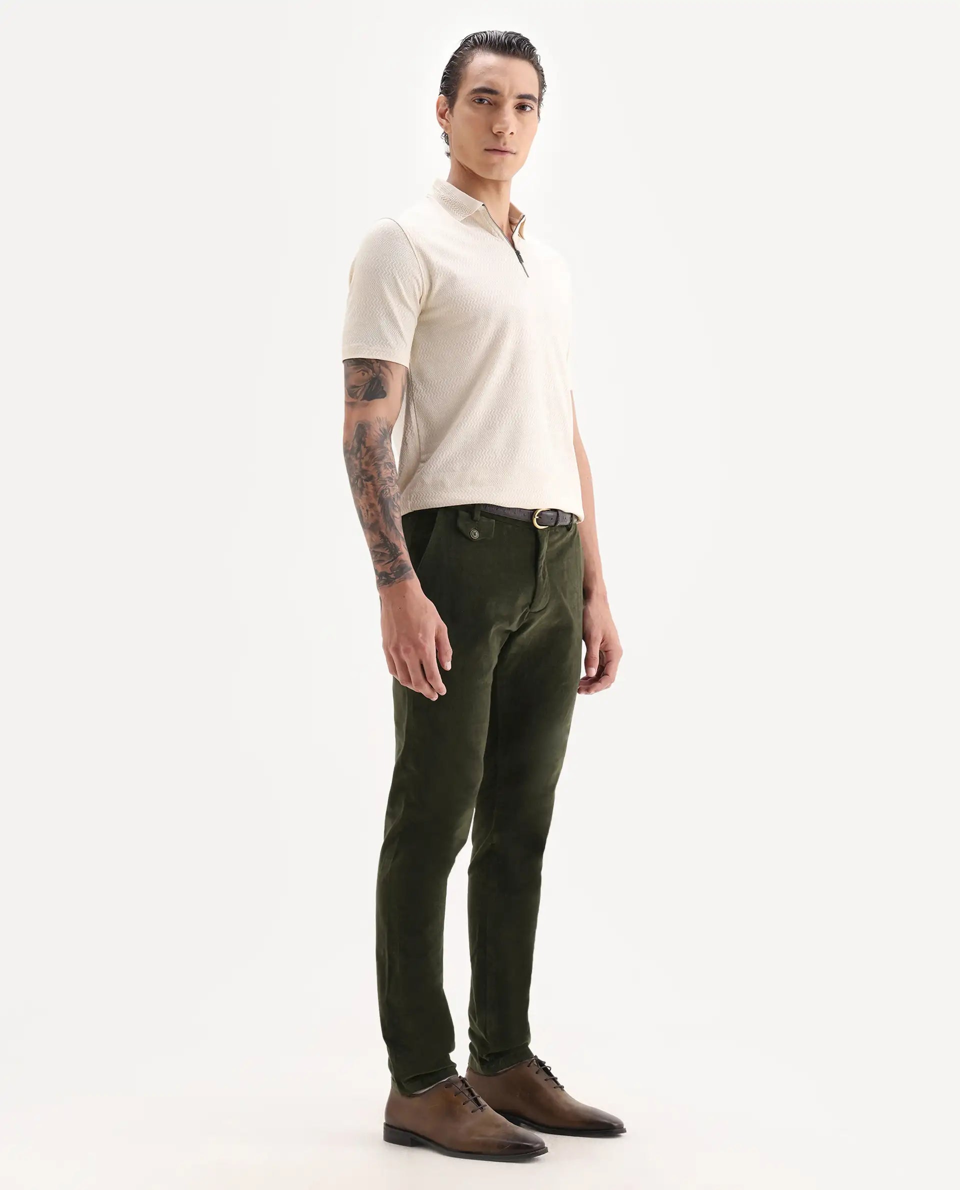 Rare Rabbit Men's Cloy Olive Cotton Plain Regular Fit Trouser