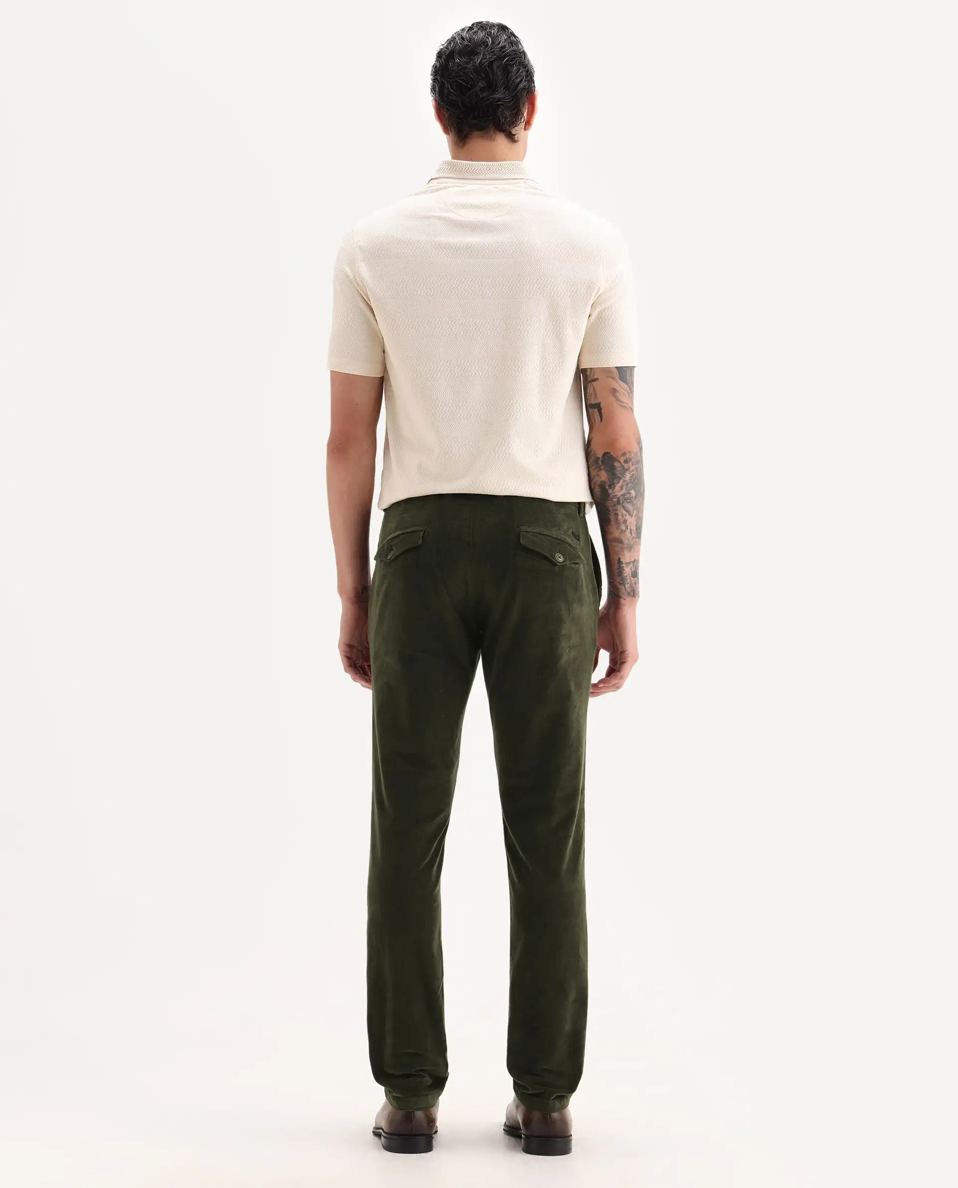 Rare Rabbit Men's Cloy Olive Cotton Plain Regular Fit Trouser