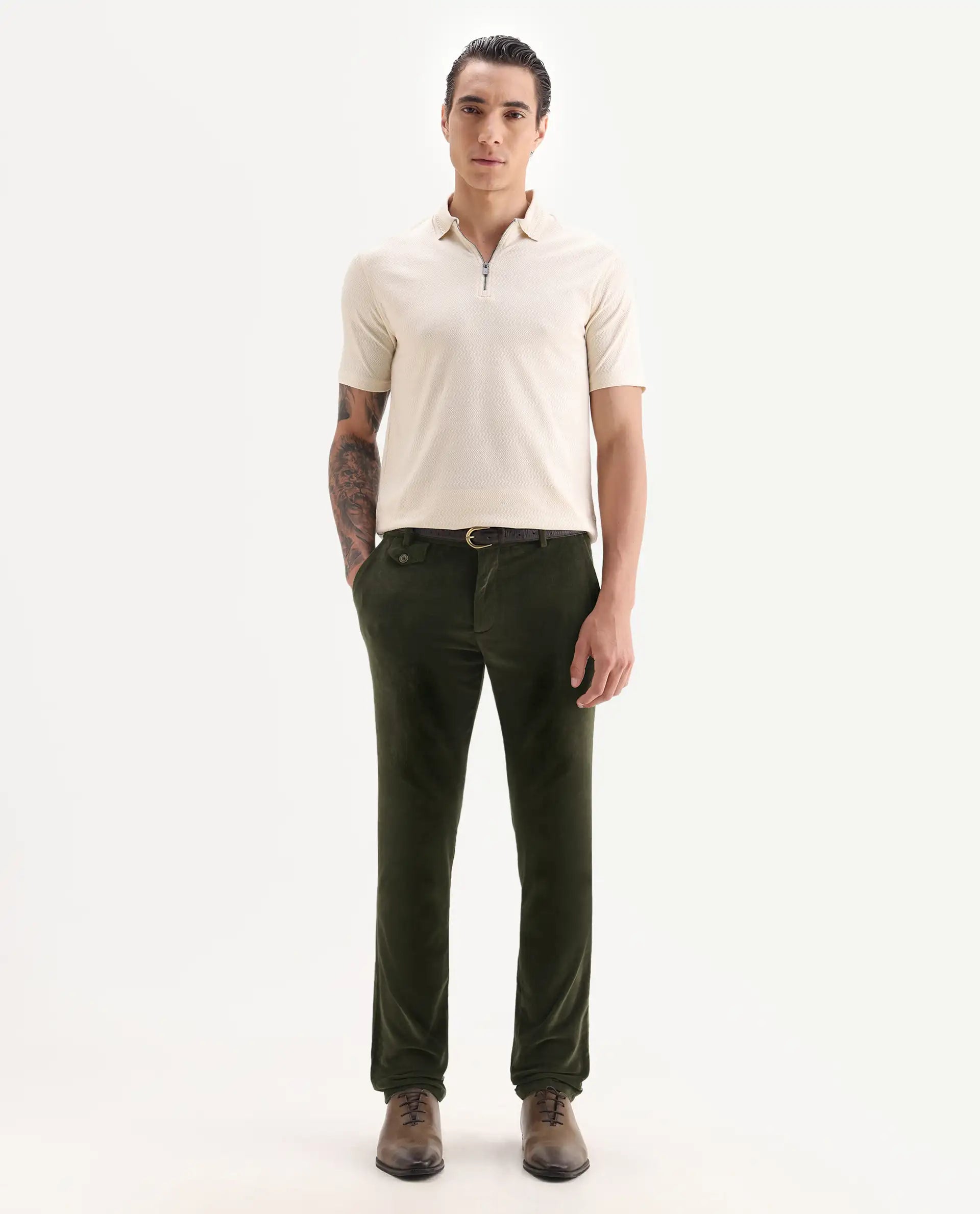 Rare Rabbit Men's Cloy Olive Cotton Plain Regular Fit Trouser