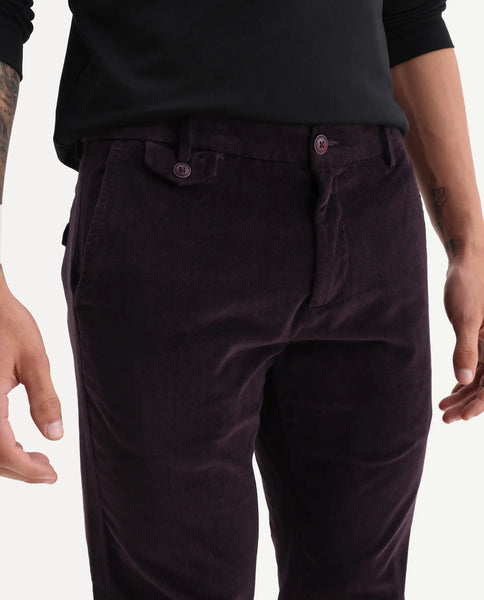 Rare Rabbit Men's Cloy Purple Solid Mid-Rise Regular Fit Velvet Trousers main image 1