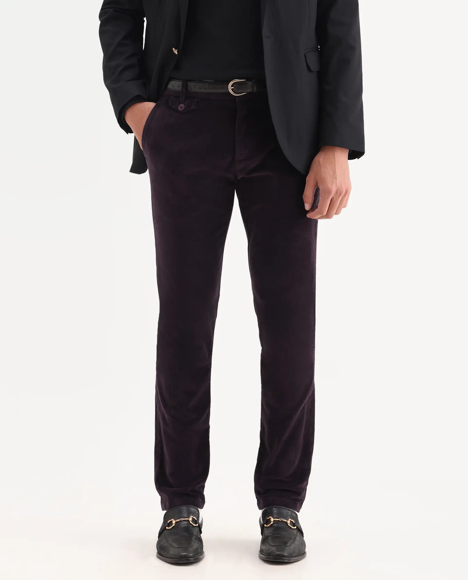 Rare Rabbit Men's Cloy Purple Cotton Plain Regular Fit Trouser