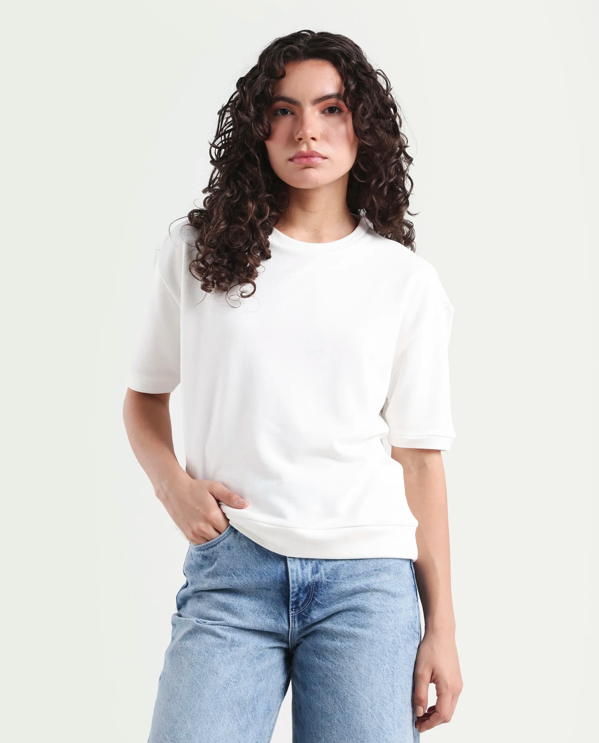 Rareism Women's Medium Weight Terry 290 Gsm Cotton Crew Neck Plain Relaxed Fit Sweat Tee