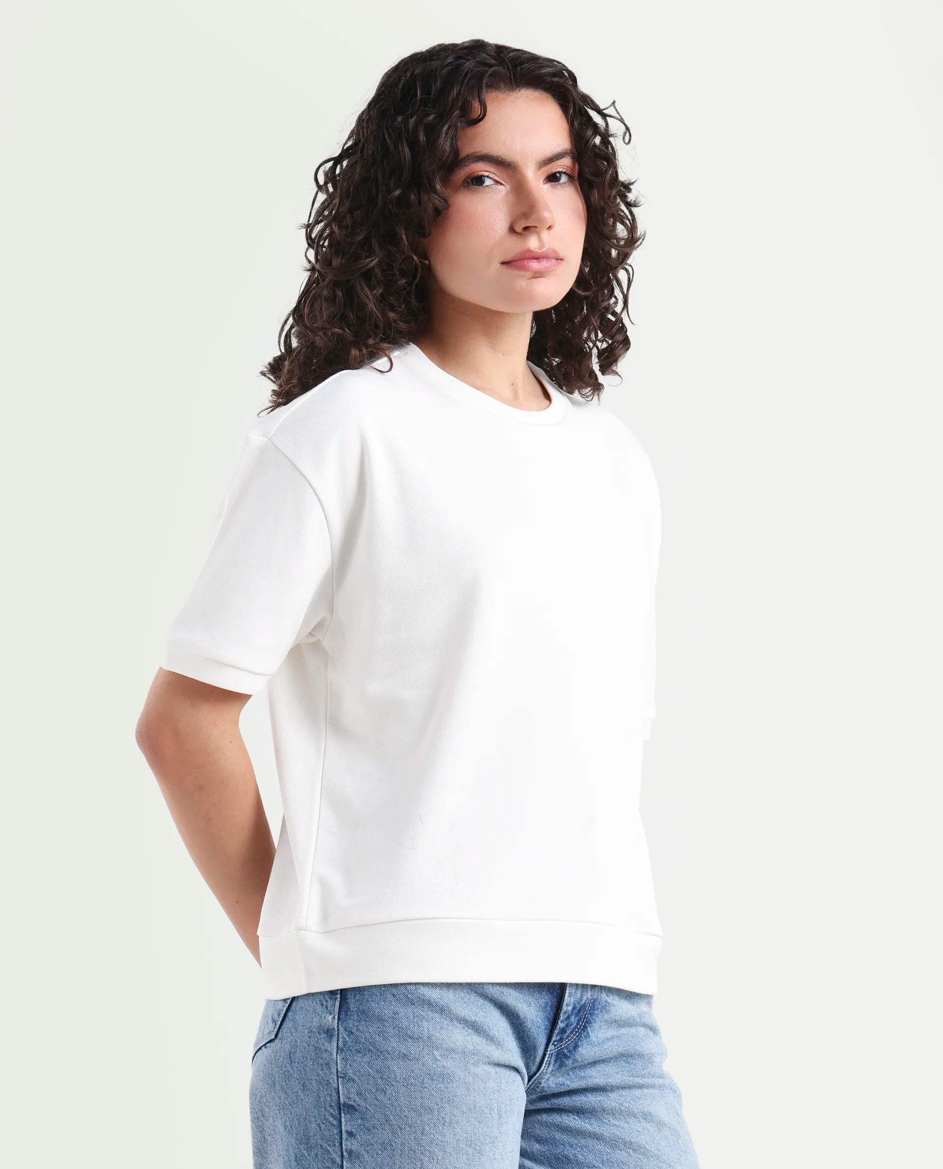 Rareism Women's Medium Weight Terry 290 Gsm Cotton Crew Neck Plain Relaxed Fit Sweat Tee