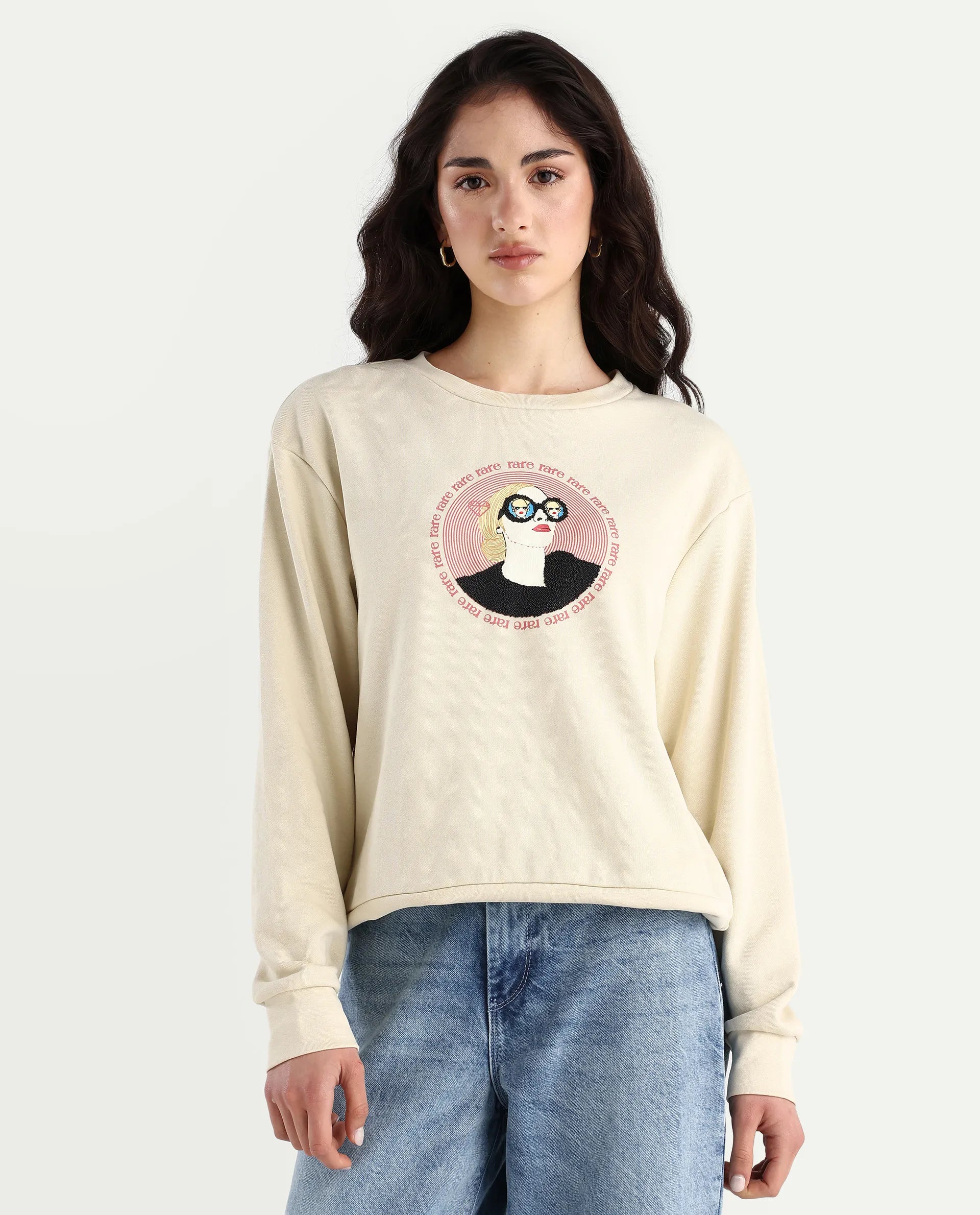 Rareism Women's Colad Beige Cotton Blend Crew Neck Graphic Print Relaxed Fit Sweatshirt