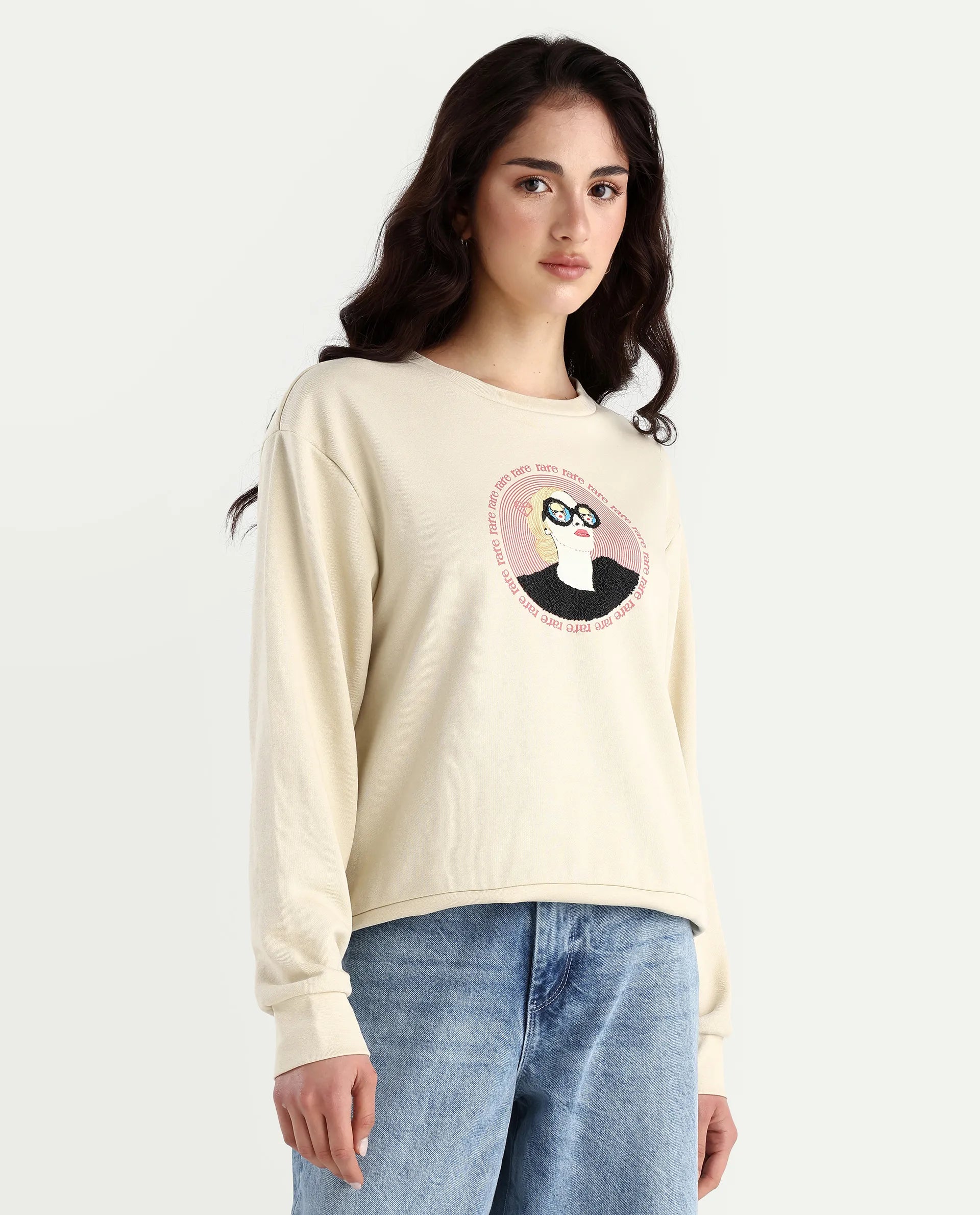 Rareism Women's Colad Beige Cotton Blend Crew Neck Graphic Print Relaxed Fit Sweatshirt