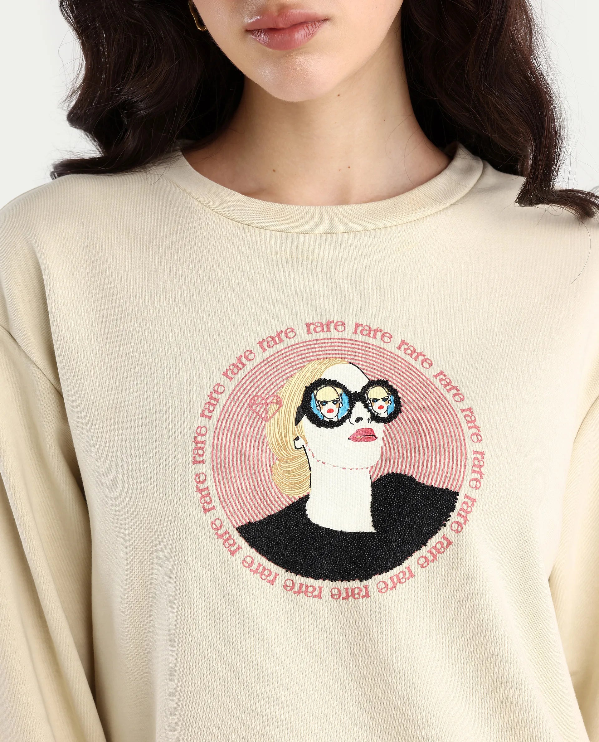 Rareism Women's Colad Beige Cotton Blend Crew Neck Graphic Print Relaxed Fit Sweatshirt