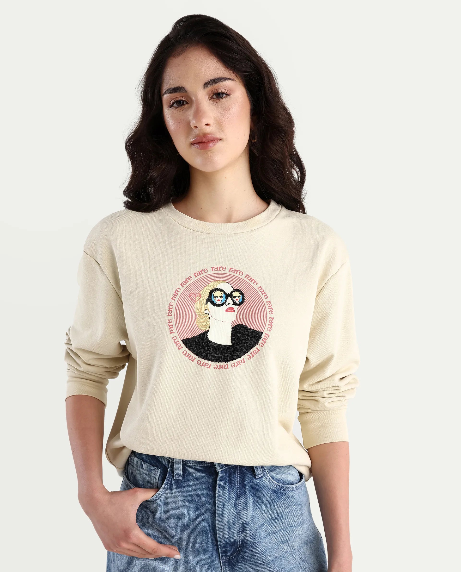 Rareism Women's Colad Beige Cotton Blend Crew Neck Graphic Print Relaxed Fit Sweatshirt
