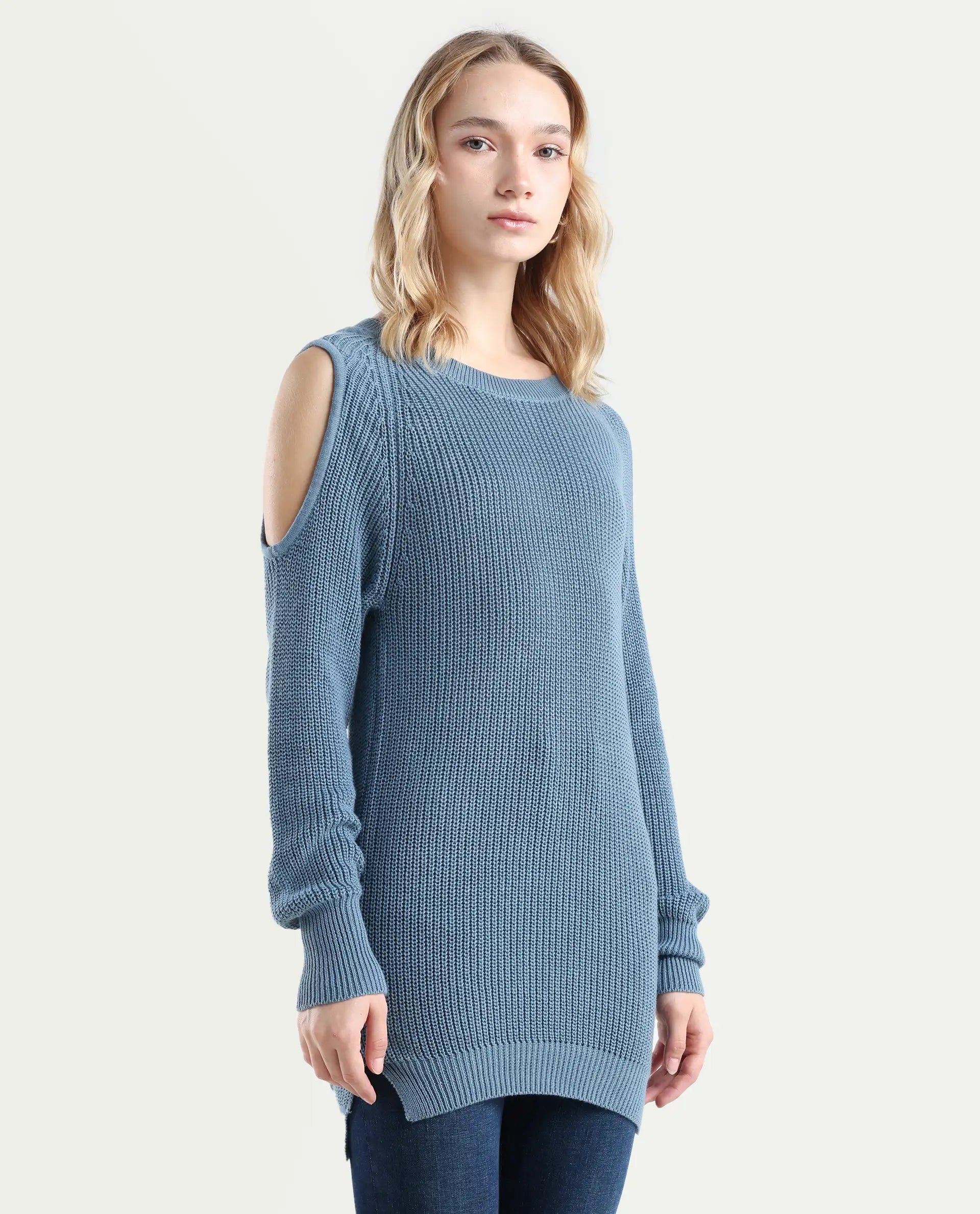 Rareism Women's Cold Navy Cotton Boat Neck Plain Slim Fit Sweater