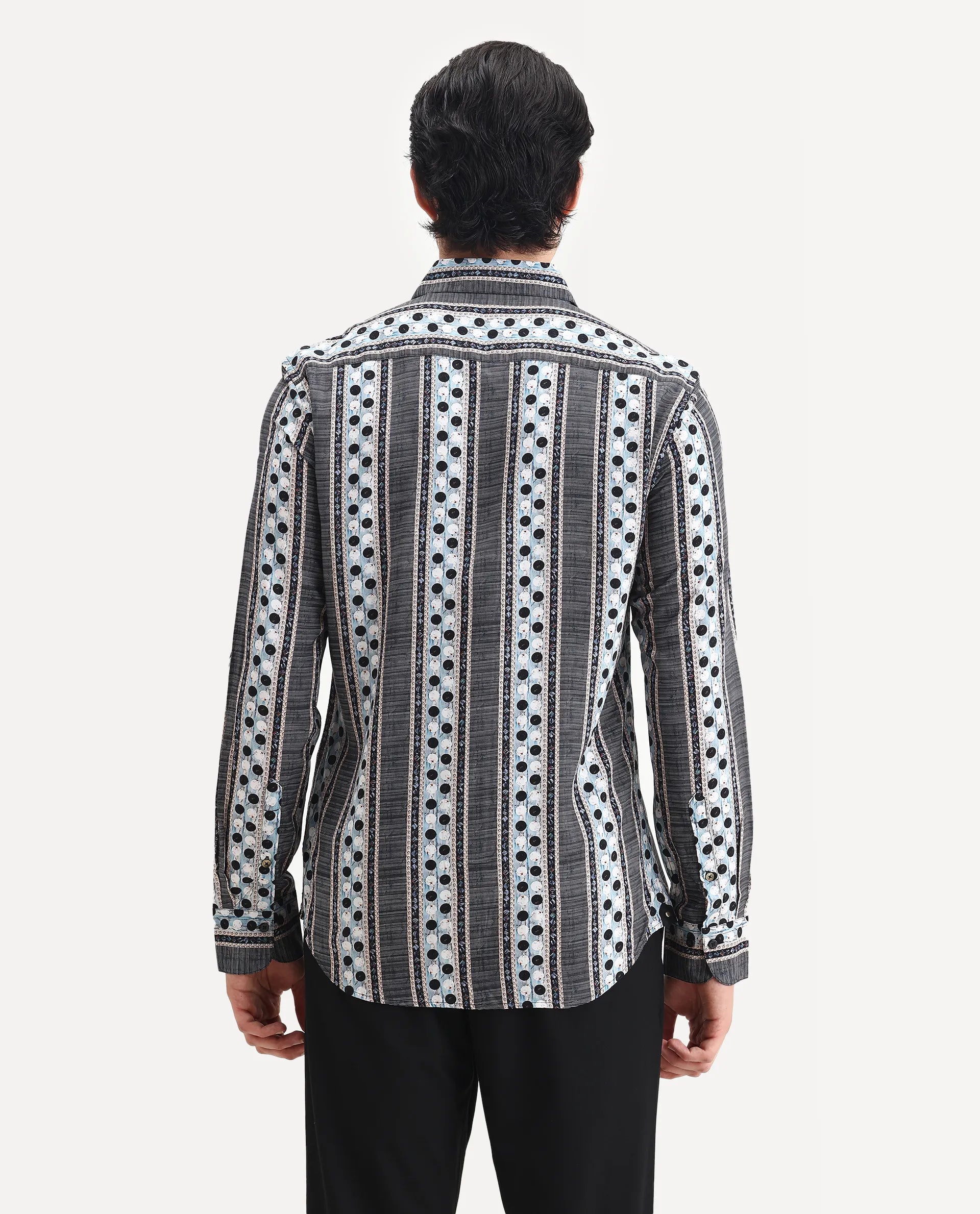 Rare Rabbit Men's Clortan Black Viscose Geometric Print Regular Fit Full Sleeve Collared Shirt