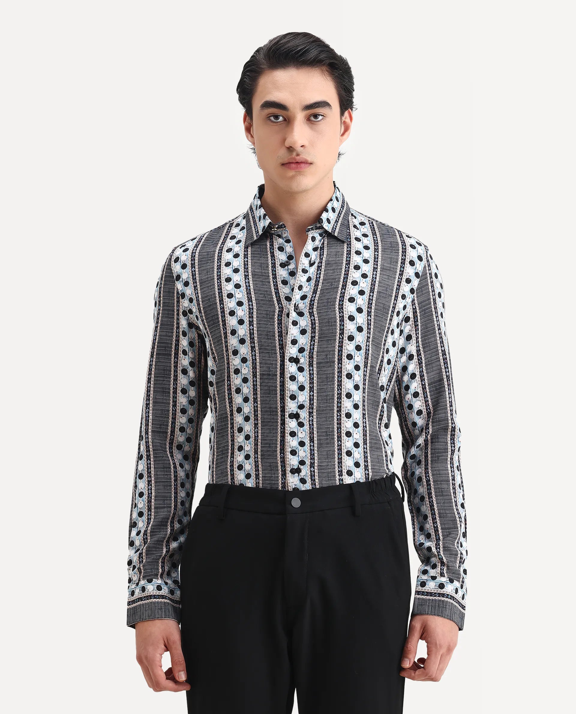 Rare Rabbit Men's Clortan Black Viscose Geometric Print Regular Fit Full Sleeve Collared Shirt