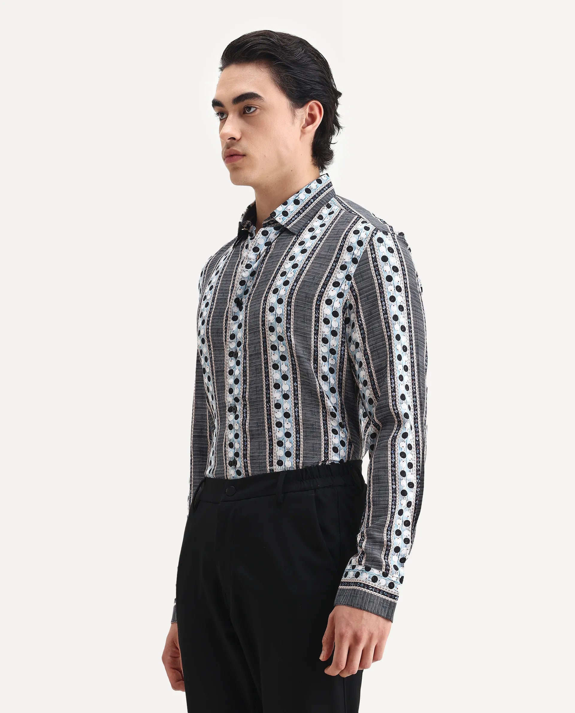 Rare Rabbit Men's Clortan Black Viscose Geometric Print Regular Fit Full Sleeve Collared Shirt
